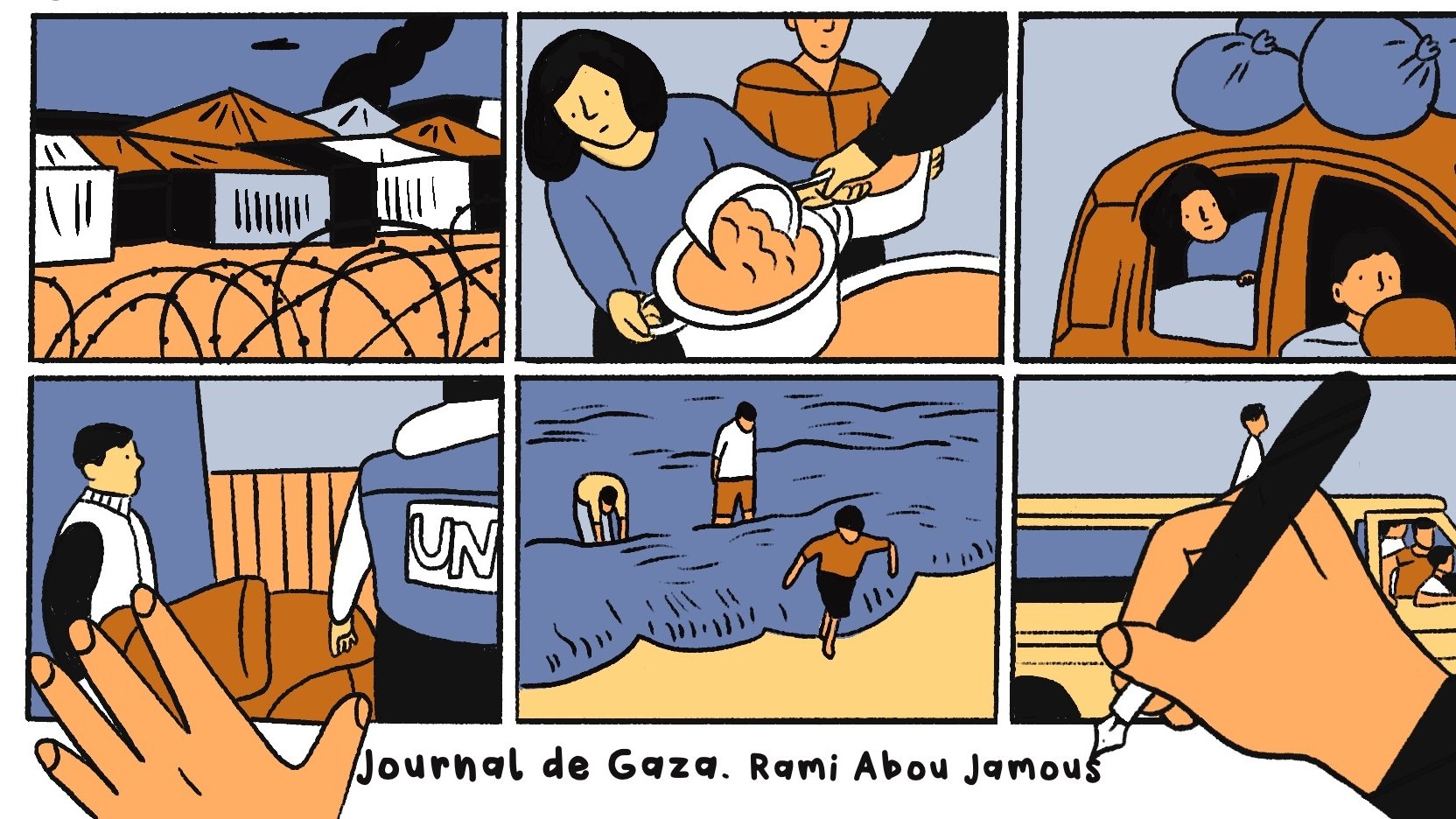 L'immagine sembra essere un fumetto che racconta una storia legata a Gaza. È divisa in diverse vignette che mostrano varie scene. Alcuni elementi chiave includono: 1. **Tende e barriere**: La prima vignetta mostra tende, probabilmente un campo profughi, con barriere visibili. 2. **Aiuto umanitario**: Un'immagine rappresenta qualcuno che offre cibo, evidenziando l'importanza dell'assistenza. 3. **Auto e persone**: Un'altra vignetta mostra persone dentro un'auto, suggerendo interazioni quotidiane. 4. **Spiaggia**: Una scena di una persona e un bambino in riva al mare, che porta un senso di libertà e speranza. 5. **Interazione con l'ONU**: Sono presenti figure che indicano la presenza dell'ONU, sottolineando il contesto internazionale. 6. **Scrittura**: L'ultima vignetta mostra una mano che scrive, indicando forse l'atto di documentare esperienze. Il titolo "Journal de Gaza" e il nome dell'autore, Rami Abou Jamous, suggeriscono che l'opera è un resoconto visivo della vita a Gaza.