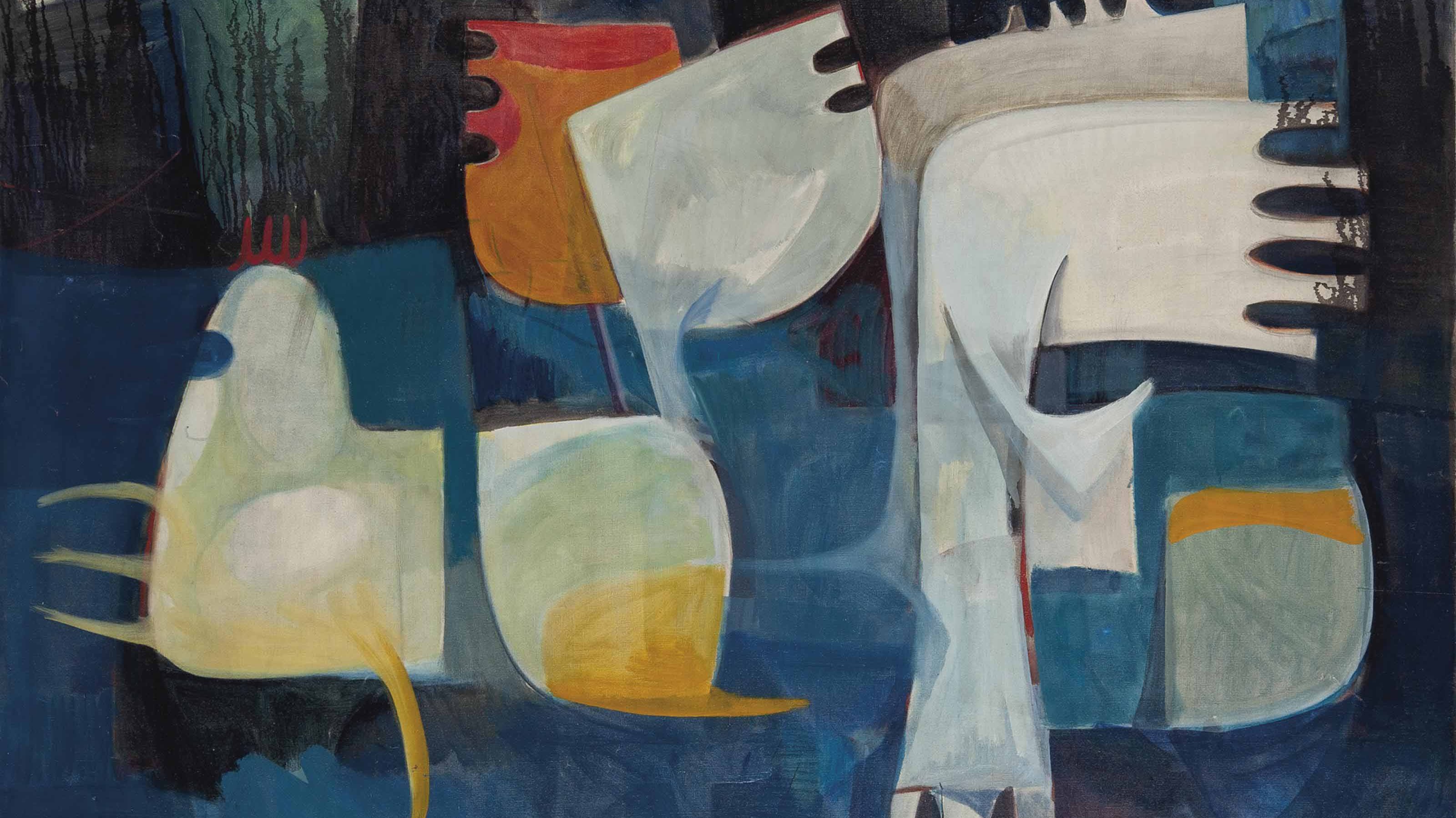 Cette image présente une œuvre d'art abstraite, où des formes organiques et géométriques se mêlent sur un fond de nuances de bleu. Les couleurs, principalement des tons clairs et foncés, créent un contraste intéressant. Certains éléments évoquent des figures humaines stylisées ou des motifs animaliers, tandis que d'autres semblent flotter librement dans l'espace. L'ensemble dégage une atmosphère à la fois énigmatique et esthétique.