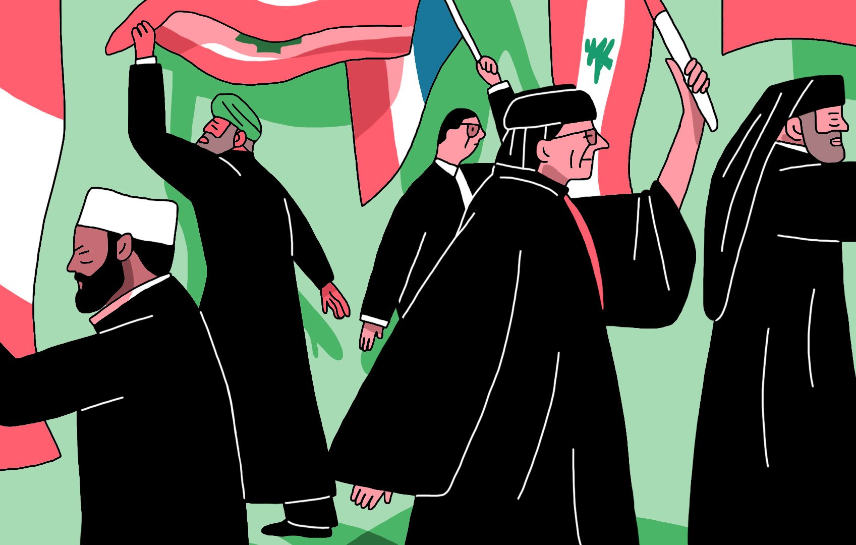 L'image représente une scène de manifestation ou de rassemblement avec plusieurs personnes portant des vêtements traditionnels. Elles brandissent des drapeaux de différents pays, comme le Liban et d'autres nations. L'arrière-plan est verdoyant, ce qui met en avant les personnages et leurs actions. Les expressions sur leurs visages semblent déterminées, soulignant un sentiment d'unité ou de revendication.