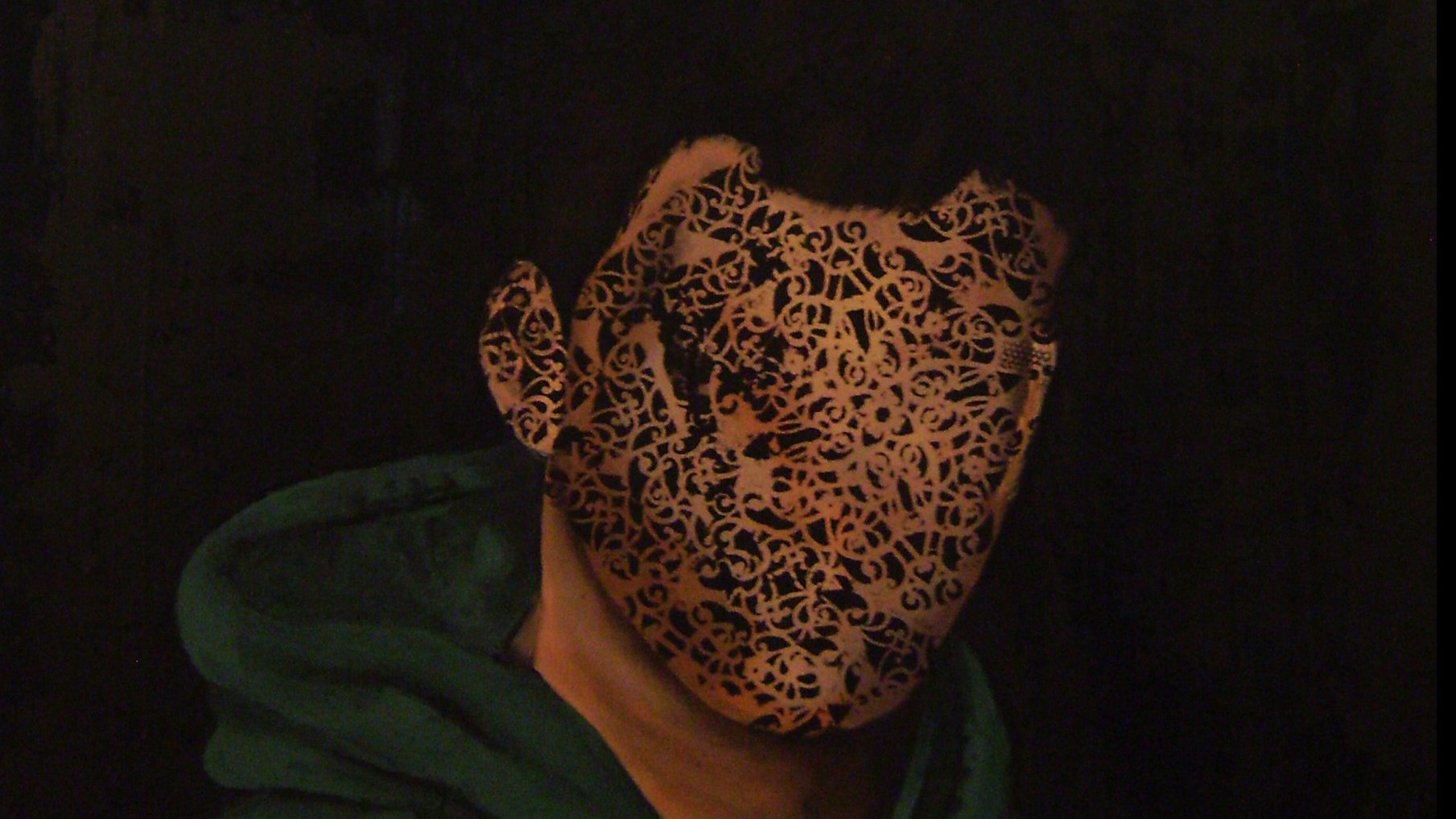 The image depicts a figure wearing a green hoodie, with their face obscured by a decorative mask featuring intricate patterns. The mask covers the person's face, leaving only the hoodie and part of the neck visible. The background is dark, enhancing the contrast between the figure and the decoration on the mask. Overall, the image conveys a sense of mystery and anonymity.