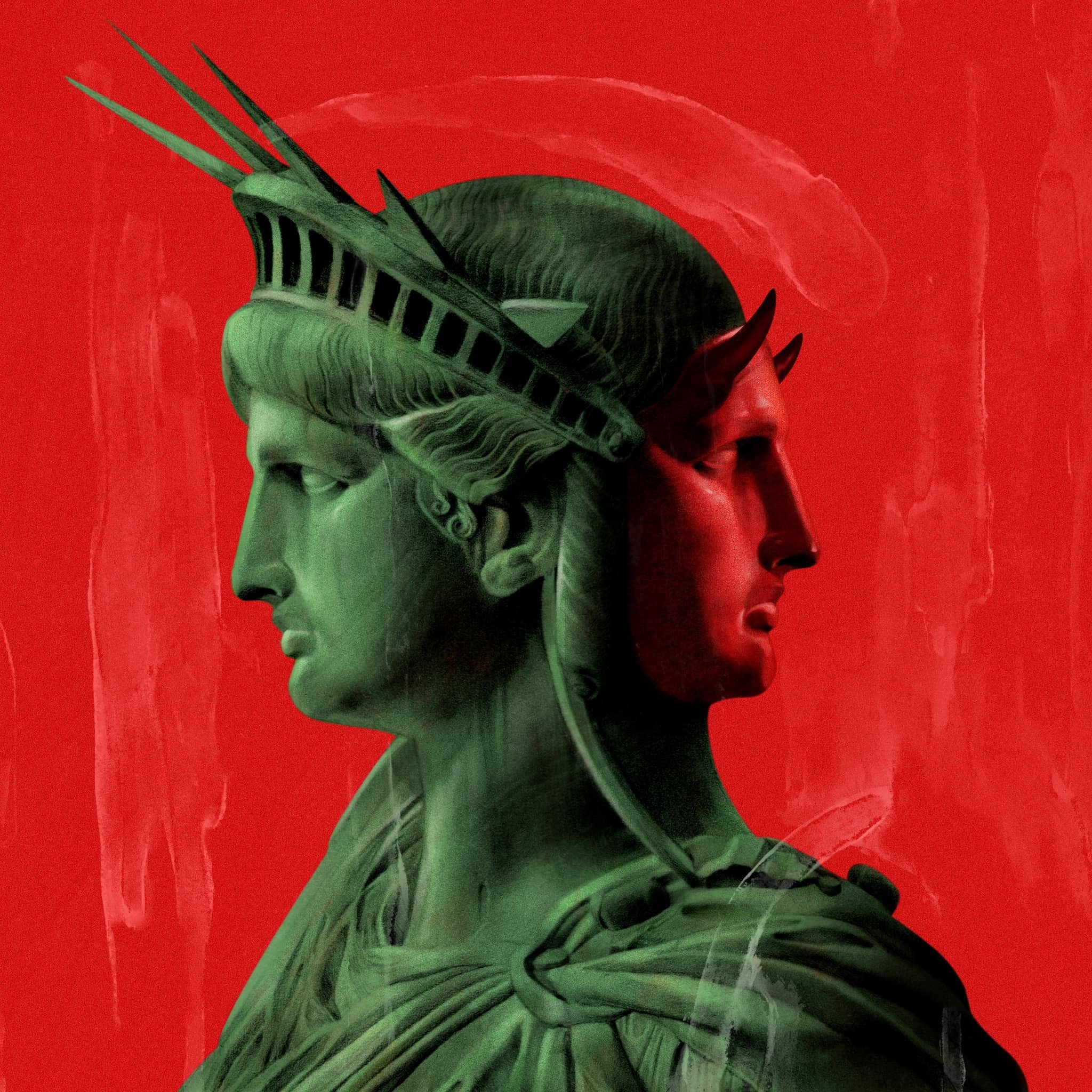 L'immagine presenta una reinterpretazione della Statua della Libertà, caratterizzata da un design stilizzato e moderno. La figura mostra due volti: uno in verde, rappresentante la tradizionale statua, e uno in rosso, con tratti distintivi. Lo sfondo è di un rosso intenso, creando un contrasto forte con le tonalità della statua. L'illustrazione combina elementi di arte classica e contemporanea, evocando temi di libertà e identità.