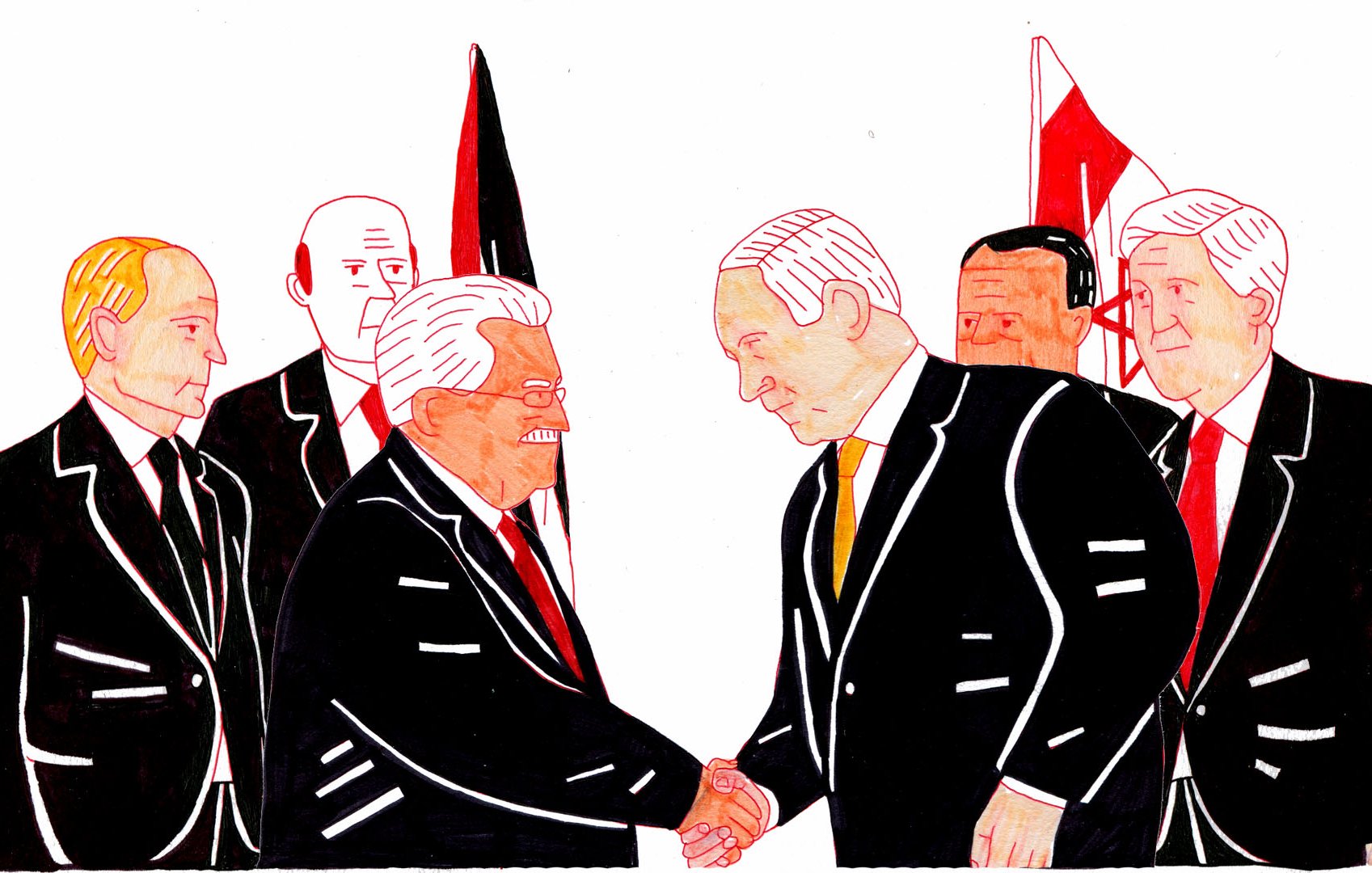 L'image représente une scène où plusieurs personnalités politiques sont rassemblées. Au premier plan, deux hommes se serrent la main, manifestant un échange diplomatique. L'un d'eux porte un costume noir et une chemise blanche, tandis que l'autre est également en costume foncé. En arrière-plan, on peut voir d'autres figures qui semblent également participer à cette rencontre. Les personnages sont dessinés de manière stylisée avec des traits marqués et des couleurs principalement sombres, ajoutées à des drapeaux en arrière-plan qui suggèrent une atmosphère formelle et politique.