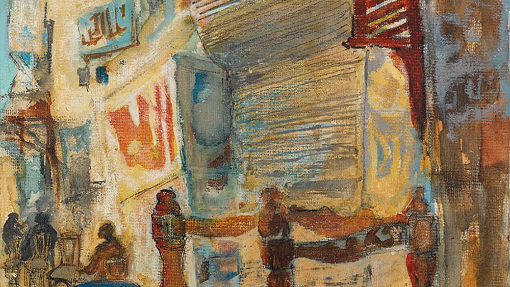 L'image représente une scène urbaine vibrante, probablement inspirée d'un marché ou d'une rue animée. On y voit des bâtiments aux façades colorées, avec des motifs et des textures variés. Un meuble en bois est placé au centre, suggérant un espace de vie ou de commerce. L'atmosphère est chaleureuse, avec des touches de lumière qui traversent la composition, créant une ambiance vivante et accueillante. Des silhouettes humaines peuvent être présentes, ajoutant une dimension de mouvement et de dinamisme à la peinture. Les couleurs utilisées sont douces et harmonieuses, contribuant à une impression générale de sérénité et de convivialité.