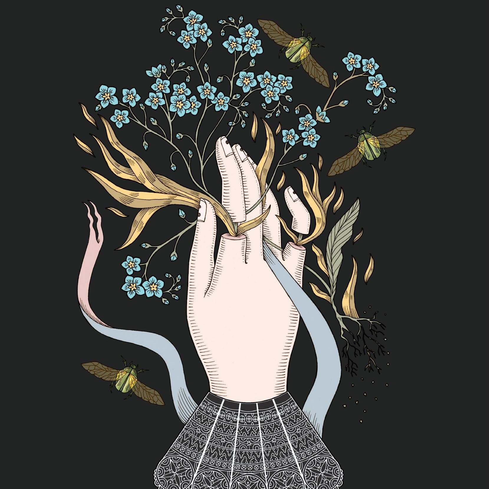 L'image représente une main stylisée, qui semble émerger de la terre, tenant des fleurs délicates et des feuillages. Des insectes, probablement des lucioles ou des papillons, volent autour de la main. La main est ornée de motifs décoratifs, et des rubans de différentes couleurs s'écoulent des côtés, ajoutant une touche de mouvement et de fluidité à l'ensemble. Le fond est sombre, ce qui met en valeur les éléments colorés et le contraste avec la nature. Cette scène évoque une connexion entre l'homme et la nature.