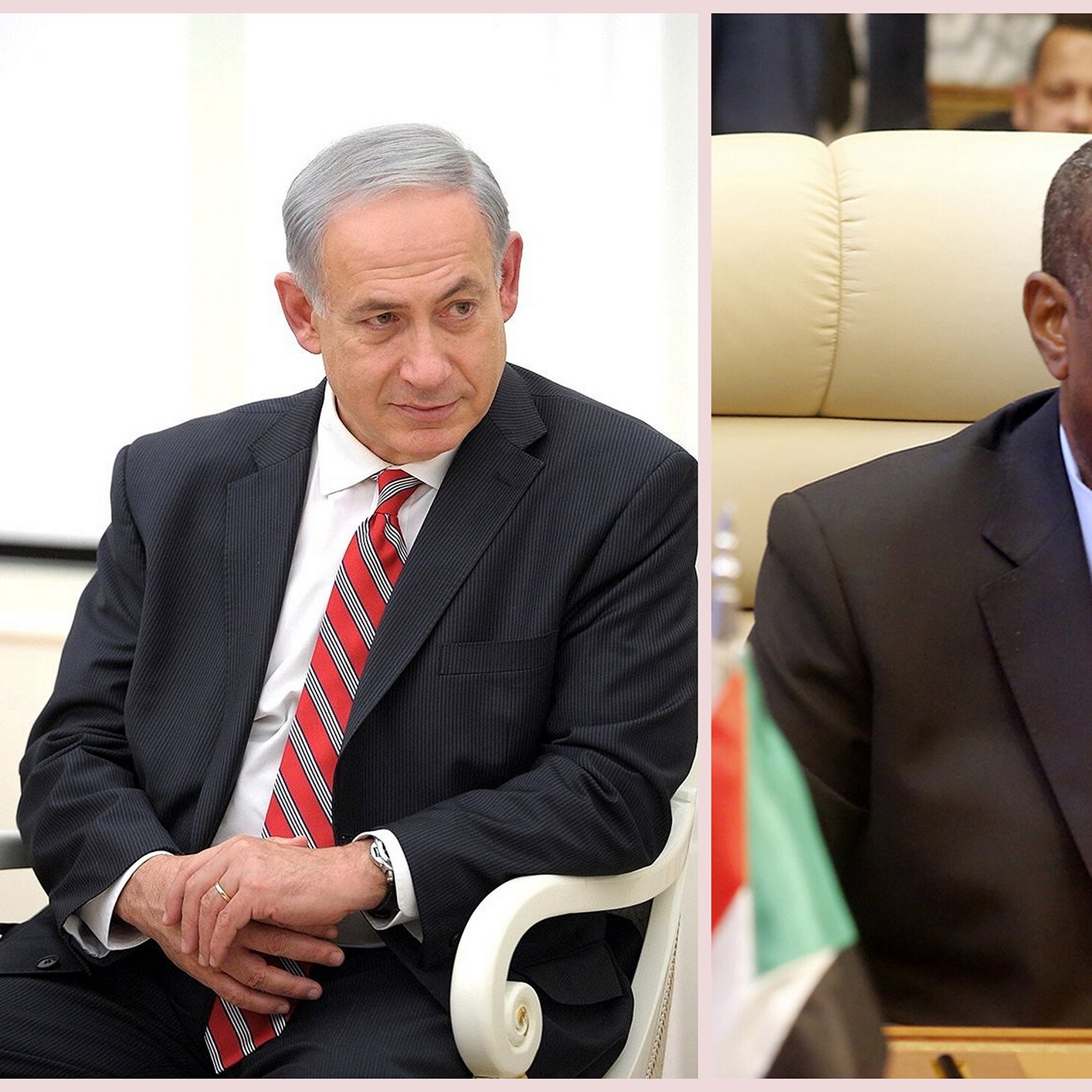 این تصویر دو شخصیت سیاسی را نشان می‌دهد. در سمت چپ، مردی با موهای خاکستری و لباسی رسمی به رنگ سیاه و با کراواتی رد و سفید دیده می‌شود. او در حالتی فکرکرده و آرام نشسته است. در سمت راست، مرد دیگری با صورتی جدی و لباسی رسمی به رنگ سیاه و نشان کشوری بر روی جیب خود نشسته است. این دو نفر احتمالاً در یک نشست یا کنفرانس در حال گفتگو هستند. در پس‌زمینه، تعدادی افراد دیگر مشاهده می‌شوند.