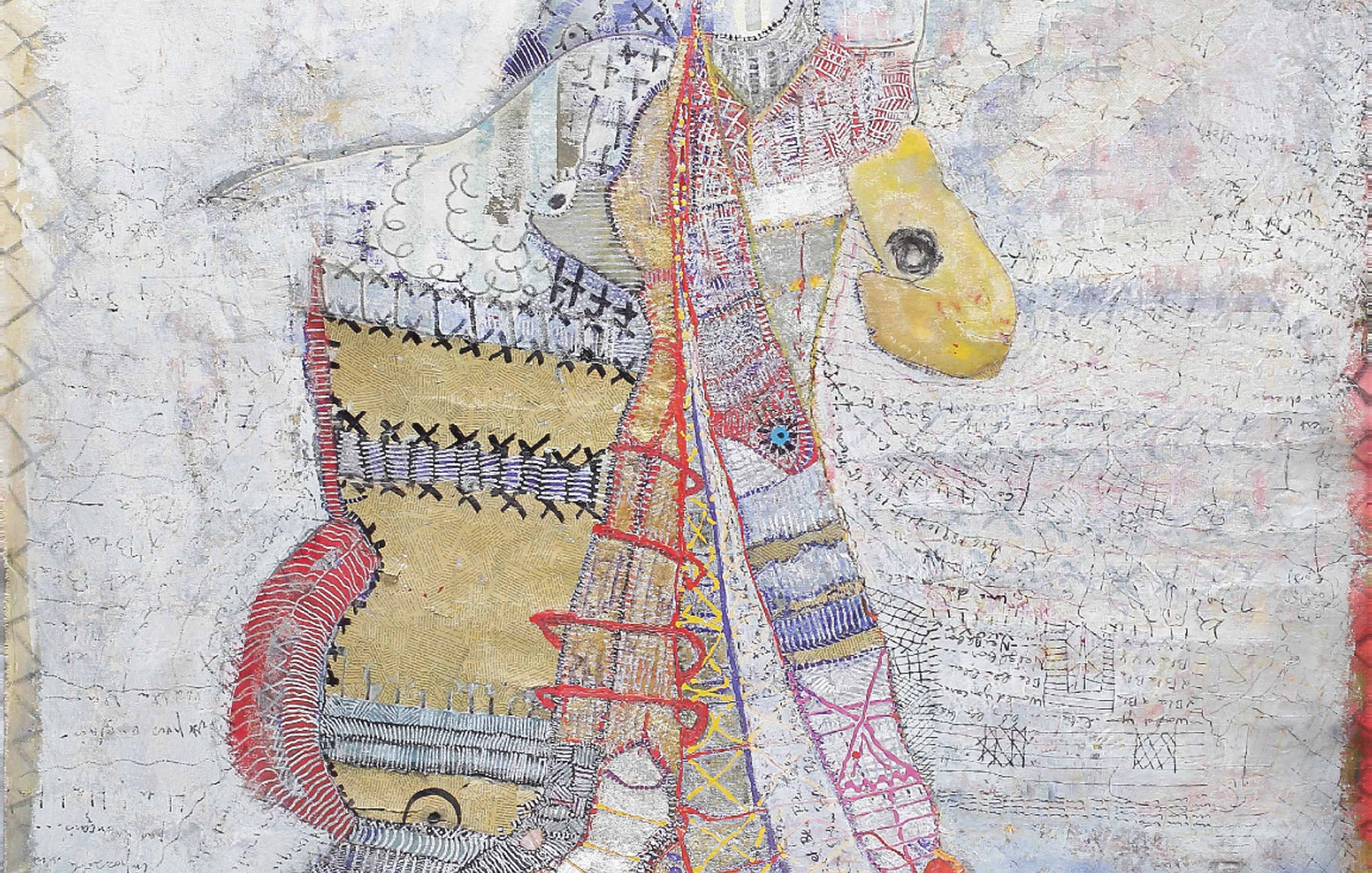 L'image montre une œuvre d'art abstraite avec des formes et des motifs variés. On peut voir des lignes sinueuses, des couleurs vives comme le jaune, le rouge et le bleu, et des détails complexes qui semblent entrelacés. Les éléments texturés et graphiques créent une sensation dynamique. L'ensemble évoque un mélange de styles, peut-être influencé par des traditions artistiques diverses, et invite à l'interprétation personnelle. Des symboles ou des inscriptions sont également présents, ajoutant à la profondeur visuelle de l'œuvre.