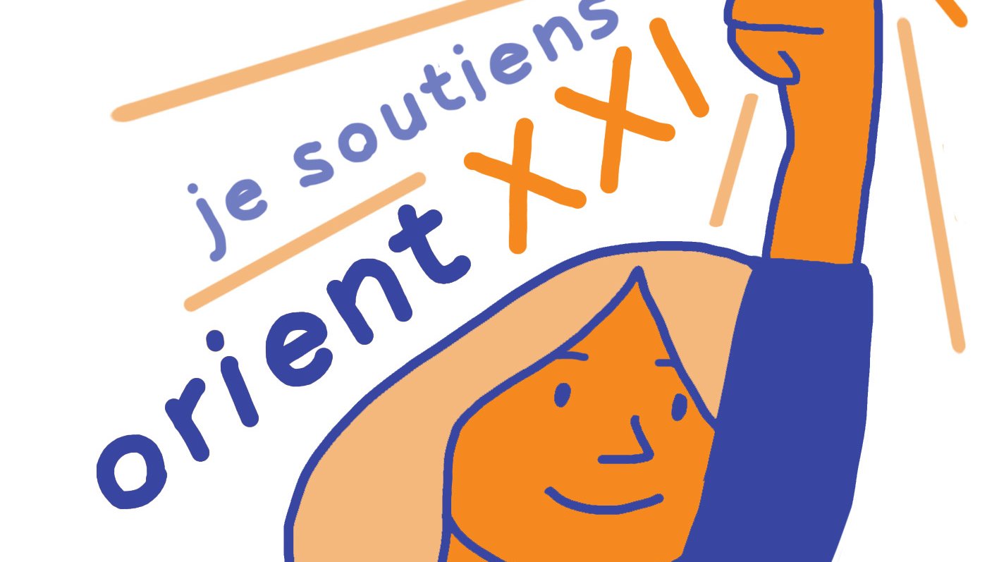 L'image montre une illustration graphique d'une personne levant la main, tenant une pièce dans un geste de soutien. La personne a un visage souriant et est représentée avec des couleurs vives, principalement en orange et bleu. Le texte "je soutiens orient XXI" est inscrit à côté, soulignant un message de solidarité ou de soutien pour une initiative ou une organisation. Les éléments graphiques et les lignes dynamiques autour de la main ajoutent une impression d'énergie et d'engagement.