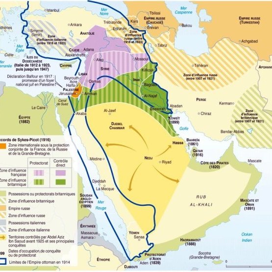 L'image est une carte historique du Moyen-Orient, illustrant les accords de Sykes-Picot signés en 1916. Elle montre les zones d'influence et de protection des puissances européennes, notamment la France et la Grande-Bretagne, après la Première Guerre mondiale. On y voit différentes régions colorées, représentant les territoires protégés, les empires et les limites de l'Empire ottoman en 1914. Des annotations trouvent des dates importantes et des informations concernant la division géographique des territoires dans la région.