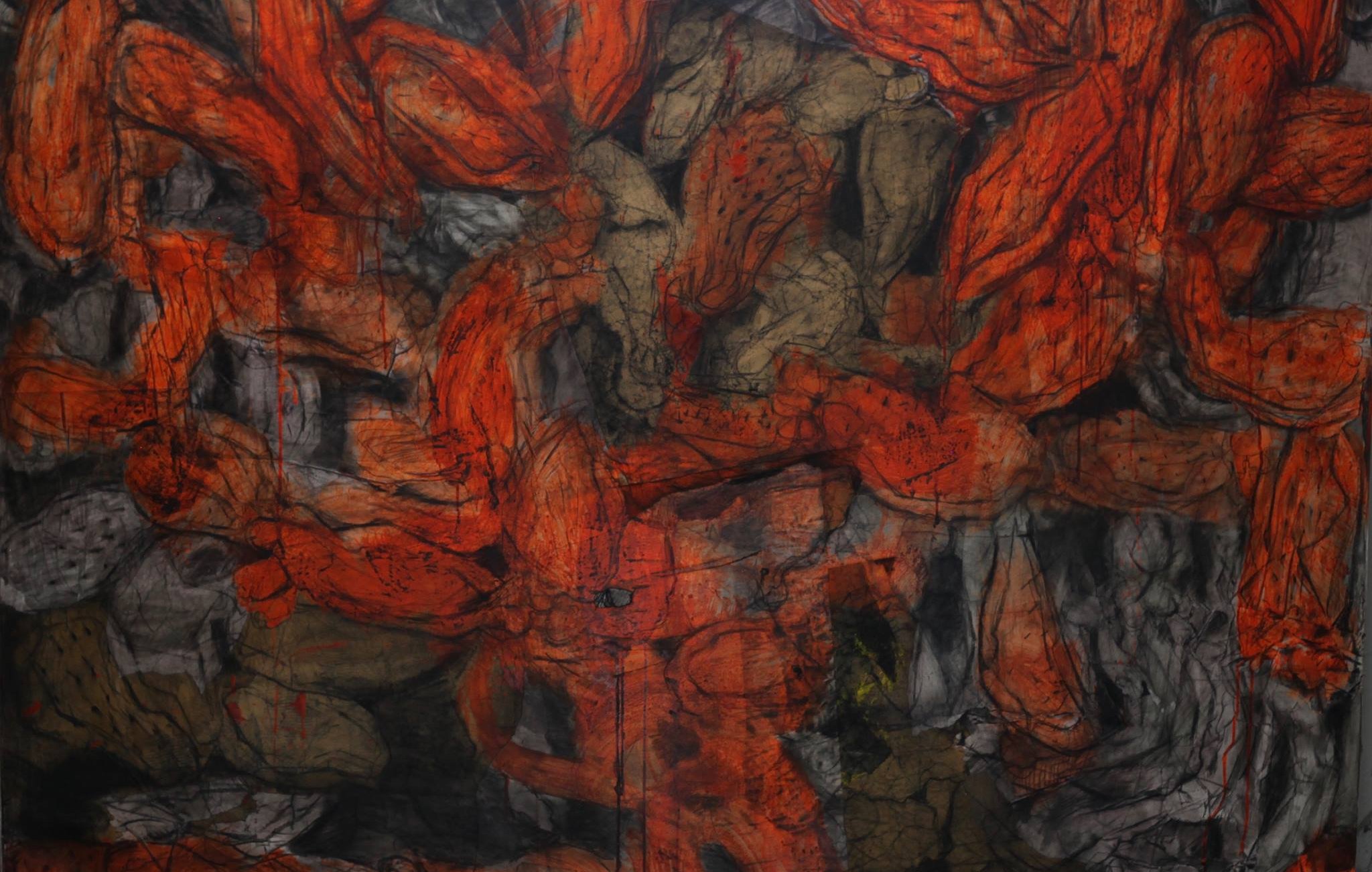 L'image représente une œuvre d'art abstraite aux couleurs vives, principalement des rouges et des tons sombres. La composition semble chaotique, avec des formes fluides et organiques qui se chevauchent. On distingue des contours de figures qui évoquent des mouvements dynamiques, créant une impression de profondeur et d'énergie. Les textures paraissent riches, ajoutant une dimension tactile à l'ensemble. L'œuvre suscite une interprétation personnelle, laissant place à l'imagination du spectateur.