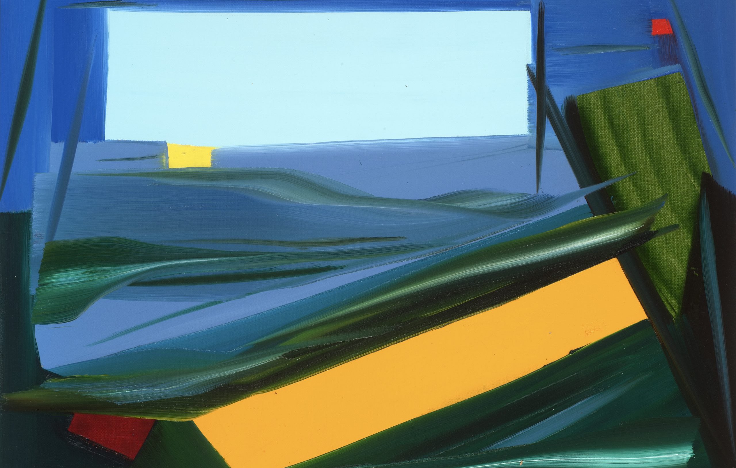 L'image présente une composition abstraite avec des formes et des couleurs vives. On y trouve un fond de diverses nuances de bleu, représentant peut-être un ciel ou une mer. Au centre, un rectangle clair, qui évoque la lumière ou une fenêtre, contraste avec les teintes plus sombres et texturées qui l'entourent. Des éléments géométriques, comme un grand triangle vert et un rectangle jaune, sont disposés de manière dynamique, donnant une impression de mouvement. L'ensemble dégage une atmosphère à la fois apaisante et énergique, caractéristique de l'art abstrait.