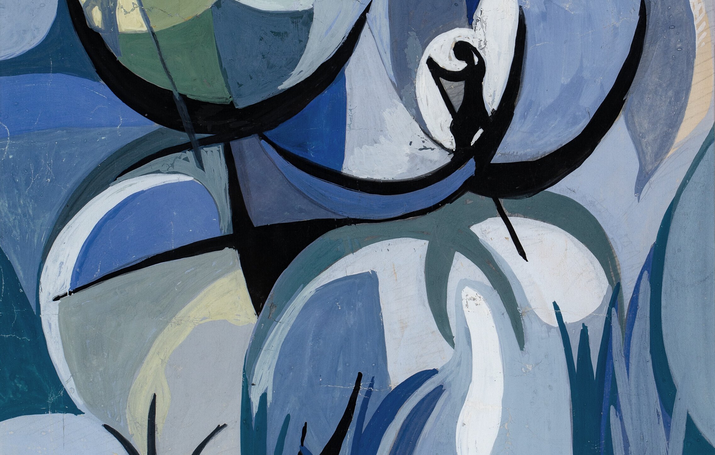 L'image représente une composition abstraite dominée par des nuances de bleu, de vert et de noir. On y voit des formes organiques, évoquant à la fois des silhouettes humaines et des éléments naturels comme des plantes. La composition semble jouer avec les contrastes entre lumière et ombre, créant une atmosphère à la fois paisible et dynamique. Les formes fluides rejoignent un sentiment d'harmonie tout en laissant place à l'interprétation individuelle.