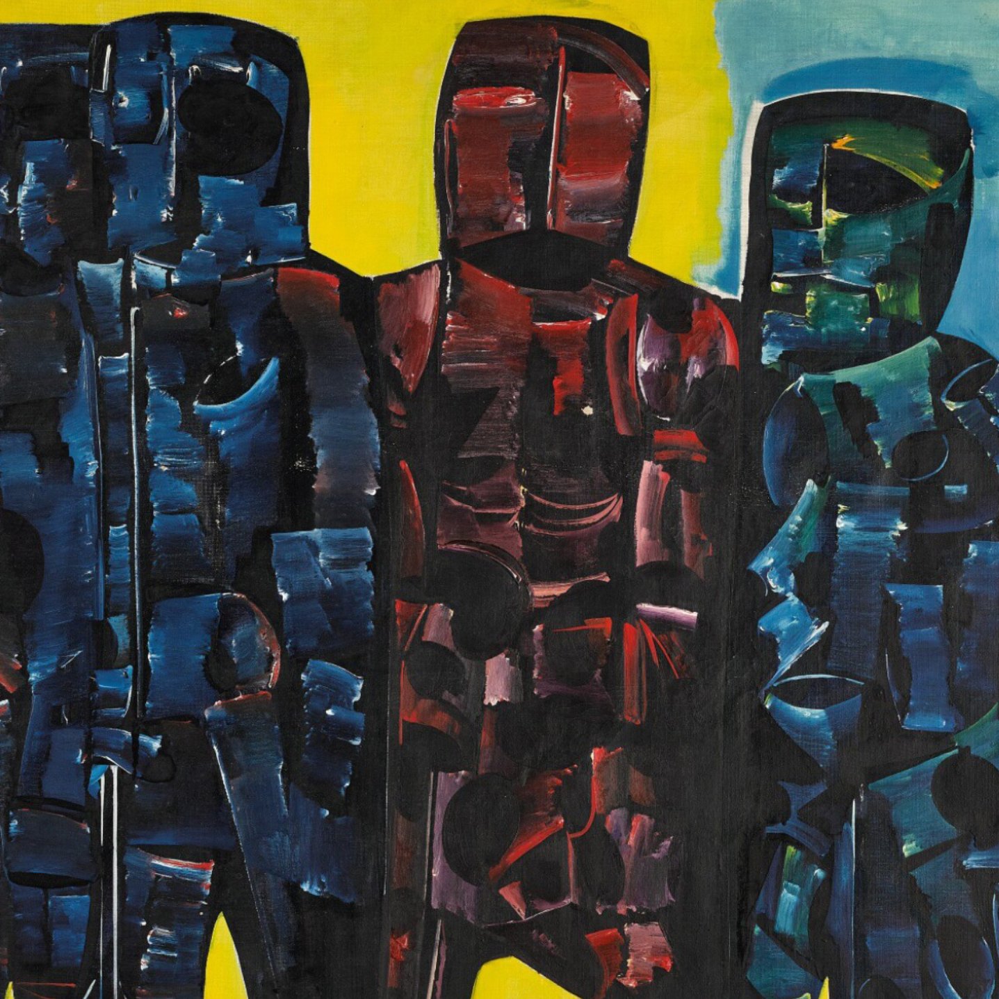 Trois silhouettes stylisées en couleurs sombres sur un fond jaune lumineux.