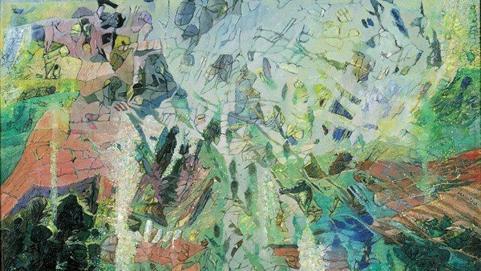 L'image présente une œuvre abstraite qui mélange des teintes de vert, de bleu et de rose. Les formes semblent se superposer et se fondre les unes dans les autres, créant une impression de profondeur et de mouvement. Les textures sont variées, avec des éléments qui évoquent à la fois des paysages naturels et des motifs géométriques. L'ensemble donne une atmosphère rêveuse et apaisante, invitant à l'interprétation personnelle.