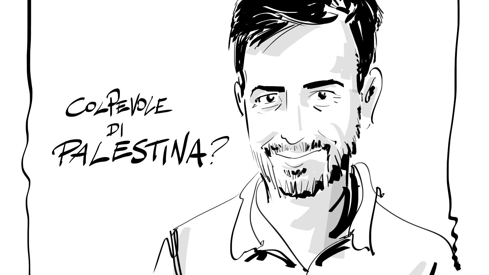 L'immagine è un'illustrazione in bianco e nero di un uomo con un sorriso. Sopra di lui c'è la scritta "Colpevole di PALESTINA?", mentre nella parte inferiore è presente il nome "Khaled El Qaisi" accompagnato dalla parola "Italiano". L'illustrazione ha uno stile semplice e lineare, con tratti netti che evidenziano il volto dell'individuo.