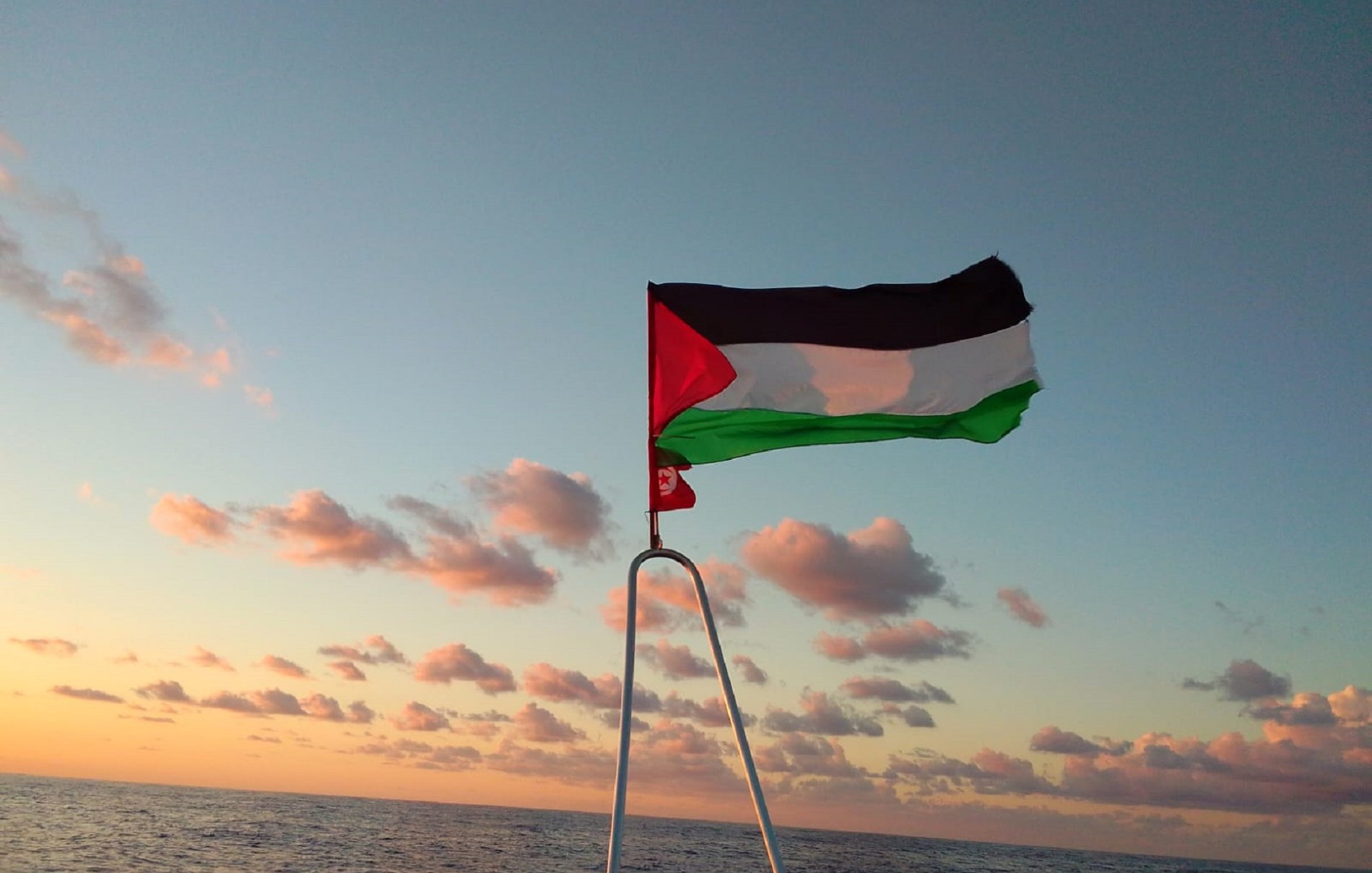 Drapeau palestinien flottant au-dessus de la mer, ciel aux teintes orangées et nuages.