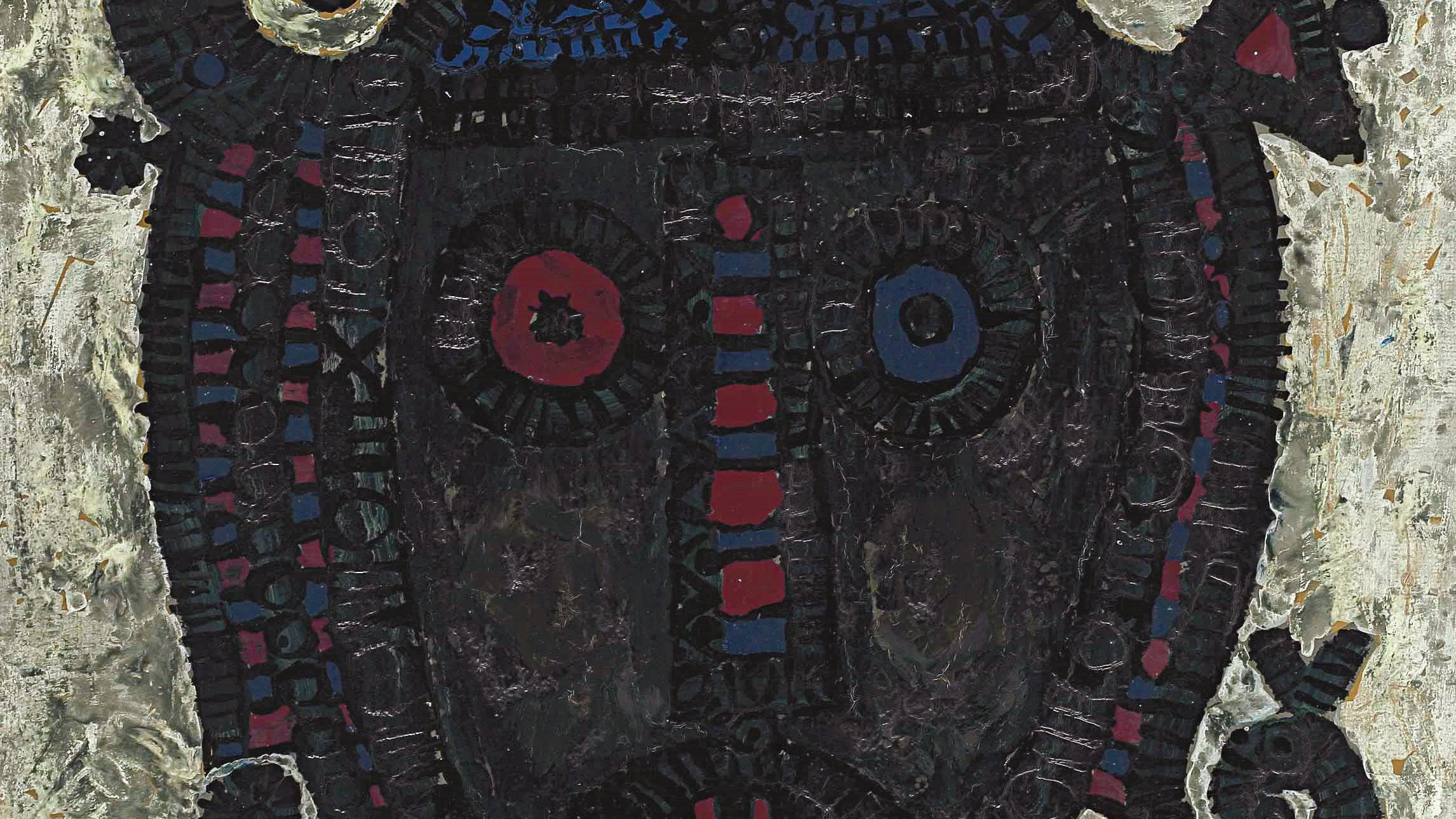 L'image représente une œuvre d'art abstraite montrant un visage stylisé. Les traits du visage sont simplifiés et géométriques, avec des yeux de couleurs différentes, l'un rouge et l'autre bleu. Le fond est constitué de textures sombres et de motifs, tandis que le visage lui-même est en grande partie noir avec des éclats de rouge et d'autres couleurs sombres. L'ensemble donne une impression de mystère et de profondeur, mêlant des éléments traditionnels et contemporains dans un style artistique unique.