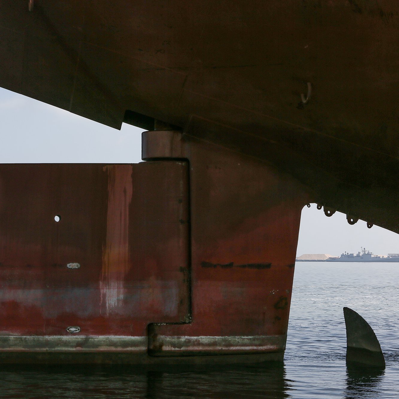 تظهر في الصورة جزءًا من هيكل سفينة كبيرة مغمورة جزئيًا في الماء. الهيكل يبدو قديمًا ومصنوعًا من الحديد، حيث تغطيه بقع الصدأ. على الجانب الأيسر، يوجد جزء مربع الشكل مع ثقب دائري، ويتواجد بعض المراكب في الخلفية على سطح الماء، مما يشير إلى وجود نشاط بحري. كما يمكن رؤية زعنفة سمكة تظهر من الماء بالقرب من السفينة، مما يضيف بعدًا طبيعيًا للصورة.