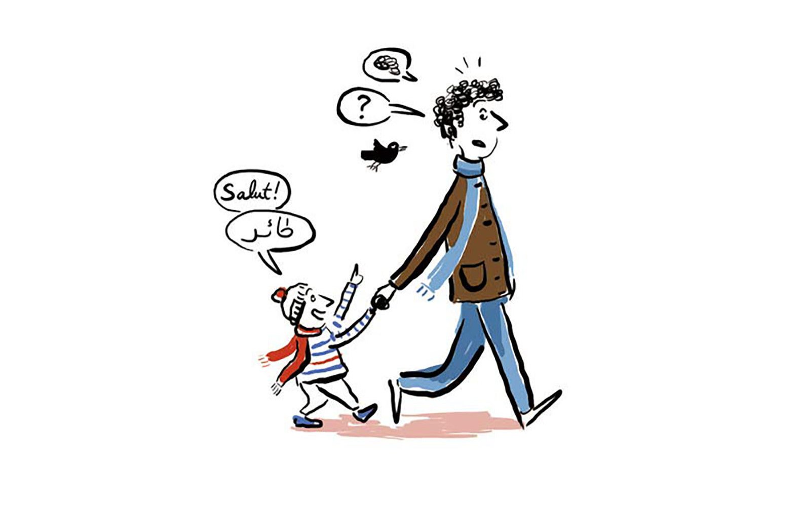 L'image représente un dessin humoristique d'un enfant et d'un adulte marchant côte à côte. L'enfant, qui porte un bonnet et une écharpe, semble joyeux et tire la main de l'adulte. L'adulte, qui a les cheveux bouclés et une expression neutre, regarde en avant. Au-dessus de l'enfant, on voit une bulle de dialogue où il dit "Salut !" en arabe. Au-dessus de l'adulte, il y a un point d'interrogation, suggérant peut-être qu'il se demande quelque chose ou qu'il est un peu perplexe. Une petite silhouette d'oiseau est également visible, ajoutant une touche de légèreté à la scène.