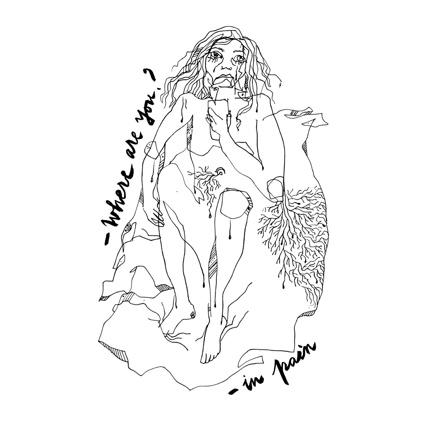 L'immagine presenta un disegno in bianco e nero che rappresenta una figura umana seduta, con un'espressione di introspezione o sofferenza. La persona appare disordinata, con capelli mossi e un abbigliamento semplice. Accanto alla figura, sono presenti delle scritte in corsivo: "Where are you?" e "- in pain," che suggeriscono un sentimento di ricerca e dolore emotivo. Il contesto della rappresentazione sembra evocare temi di vulnerabilità e introspezione.