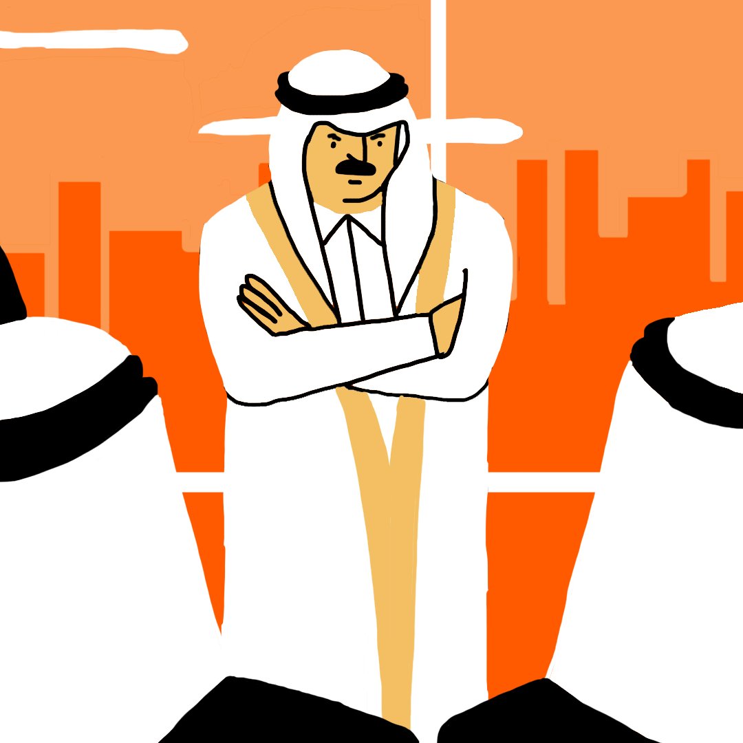 L'image montre trois hommes vêtus de costumes traditionnels du Moyen-Orient, probablement en train de discuter ou de débattre. L'homme au centre semble contrarié, les bras croisés et l'air sérieux, tandis que les deux autres hommes, de part et d'autre, affichent des expressions faciales variées. L'arrière-plan est d'une teinte orange, évoquant une ambiance dynamique ou tendue. La scène semble se dérouler dans un environnement urbain, suggérant un contexte professionnel ou de réunion.