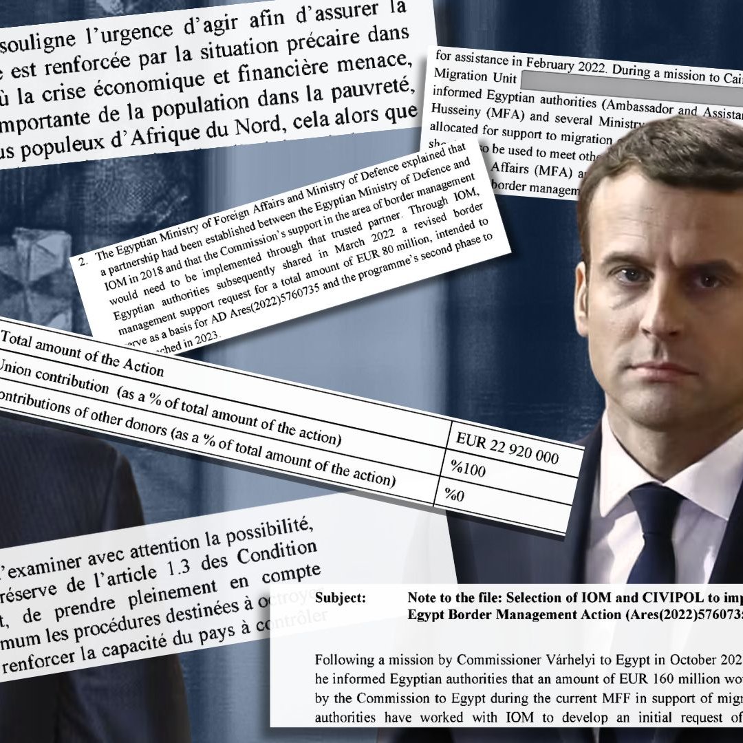 L'image semble comporter des éléments graphiques liés à des discussions ou des accords entre deux dirigeants, probablement ceux d'Égypte et de France. On peut y voir des extraits de documents ou de rapports, des montants financiers mentionnés, ainsi que des références à des enjeux de gestion aux frontières en Égypte. Les textes semblent indiquer un dialogue autour de la coopération entre les deux pays, en mettant l'accent sur des préoccupations économiques et migratoires. Les visages des deux dirigeants sont probablement présentés, symbolisant leur rôle dans ces négociations.