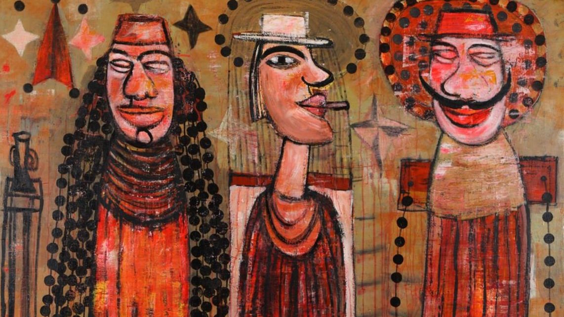 L'image représente une œuvre d'art stylisée, avec trois personnages au visage exagéré. On peut voir des formes géométriques et des couleurs vives, principalement dans des teintes de rouge, noir et beige. Les visages semblent être caricaturés, avec des expressions distinctes. L'arrière-plan contient des motifs abstraits qui ajoutent de la profondeur à la composition. Les personnages sont vêtus de vêtements simples, mais leurs coiffures et accessoires apportent un certain caractère à l'ensemble de l'œuvre.