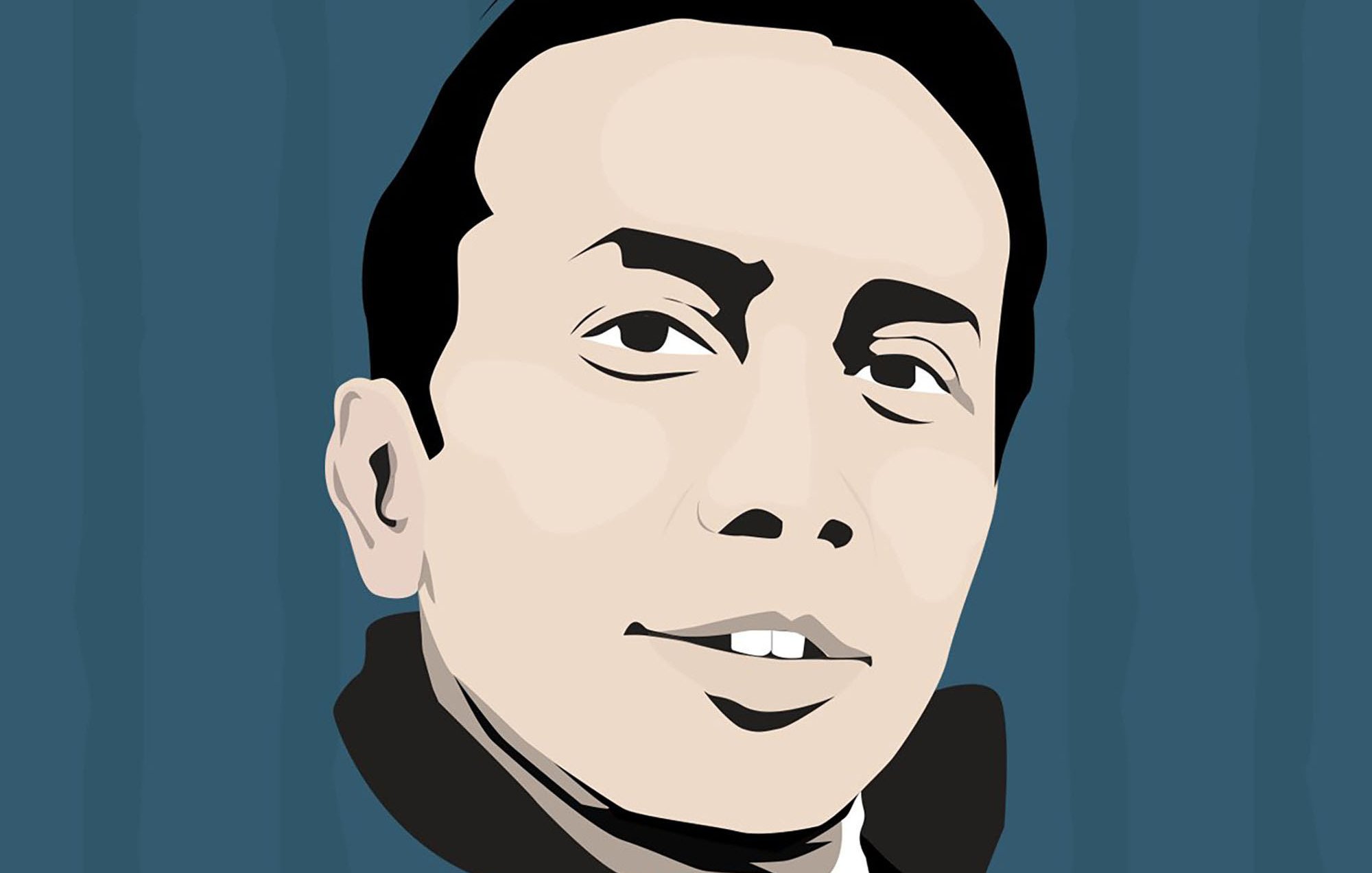 L'image représente un portrait stylisé d'un homme. Son visage est dessiné de manière simple et artistique, avec des traits marqués. Il a les cheveux noirs et une expression sereine. Le fond est de couleur bleue, avec des lignes verticales qui ajoutent de la texture à l'ensemble. L'image semble avoir été créée dans un style graphique moderne.