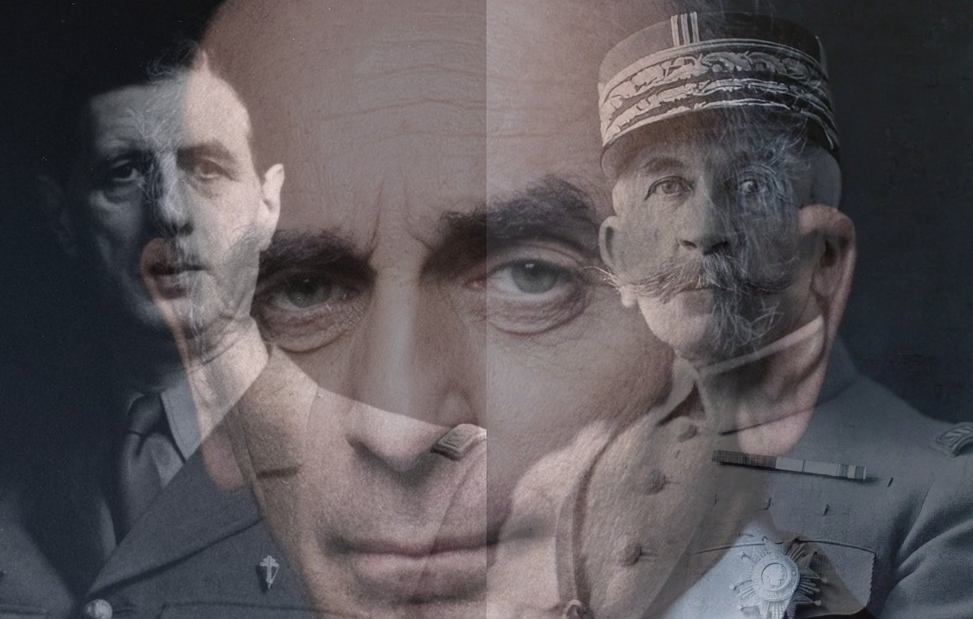 L'image présente un collage de visages, combinant des portraits d'hommes en uniformes militaires. Les visages semblent superposés, ce qui crée un effet artistique et mystérieux. L'arrière-plan est sombre, mettant en avant les expressions sérieuses des sujets, tandis que des éléments de décor militaires et des médailles sont légèrement visibles, ajoutant à l'atmosphère d'autorité et d'histoire.