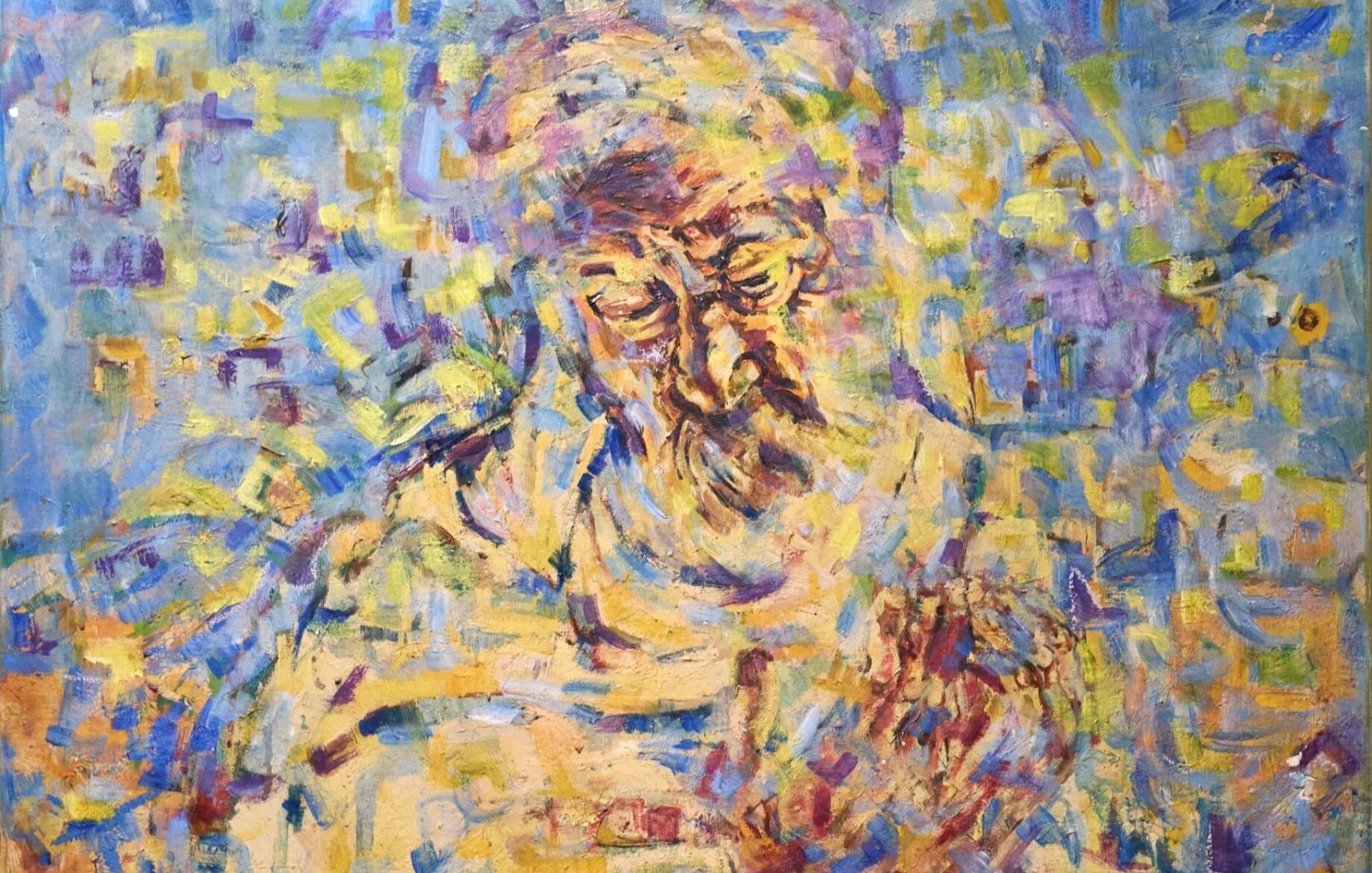 Un portrait fébrile d'un homme, aux couleurs vibrantes et textures tourbillonnantes.