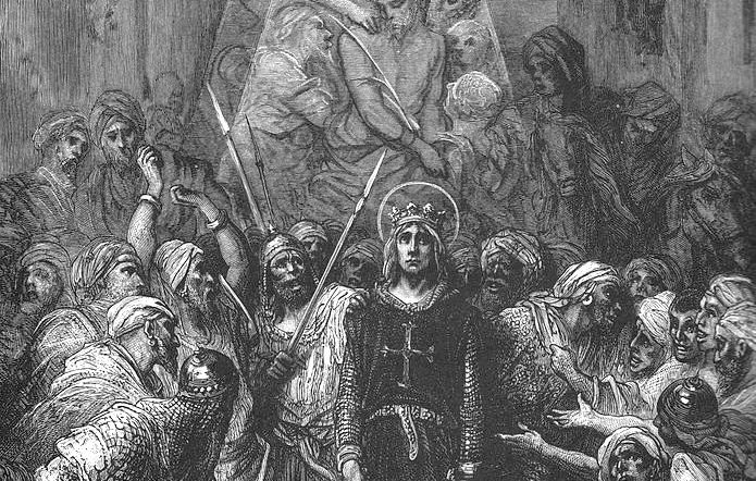 L'image représente une scène dramatique avec des figures en robe, visiblement en train de crier ou de manifester une forte émotion. Au centre, une figure portant une couronne semble entourée de personnes en colère ou tourmentées. Il y a une lumière rayonnante provenant d'en haut qui éclaire le personnage central, créant un contraste avec l'obscurité environnante. Cela évoque une ambiance de tension, de conflit ou de crise, possiblement d'une scène historique ou religieuse.