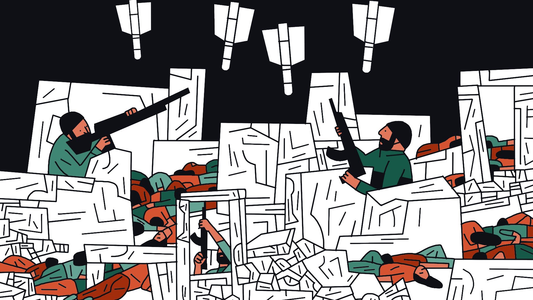 L'image semble représenter une scène chaotique et dramatique avec des personnages qui se battent au milieu de débris. Il y a des silhouettes de soldats armés, ainsi que des corps dispersés, suggérant une situation de conflit intense. Des projectiles ou des objets tombent du ciel, ajoutant à l'atmosphère de tension et de désespoir. L'utilisation de couleurs vives contraste avec l'arrière-plan sombre, accentuant l'urgence de la scène.