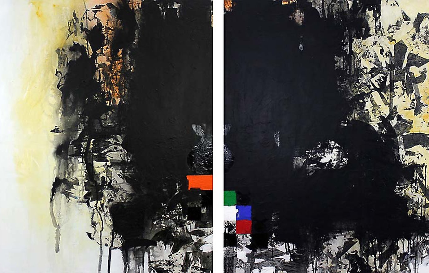 Peinture abstraite en noir, blanc et touches de couleur, évoquant un contraste puissant.