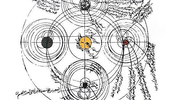L'image que vous avez partagée semble représenter un diagramme circulaire complexe, probablement lié à des concepts scientifiques ou philosophiques. Au centre, on peut voir des cercles concentriques de différentes couleurs, avec des inscriptions en écriture stylisée autour. Ces inscriptions pourraient renfermer des idées ou des explications sur le sujet traité. Les cercles pourraient symboliser des orbites ou des relations entre des éléments, suggérant une forme de représentation cosmologique ou astronomique. L'ensemble évoque une étude ancienne, mêlant art et science.