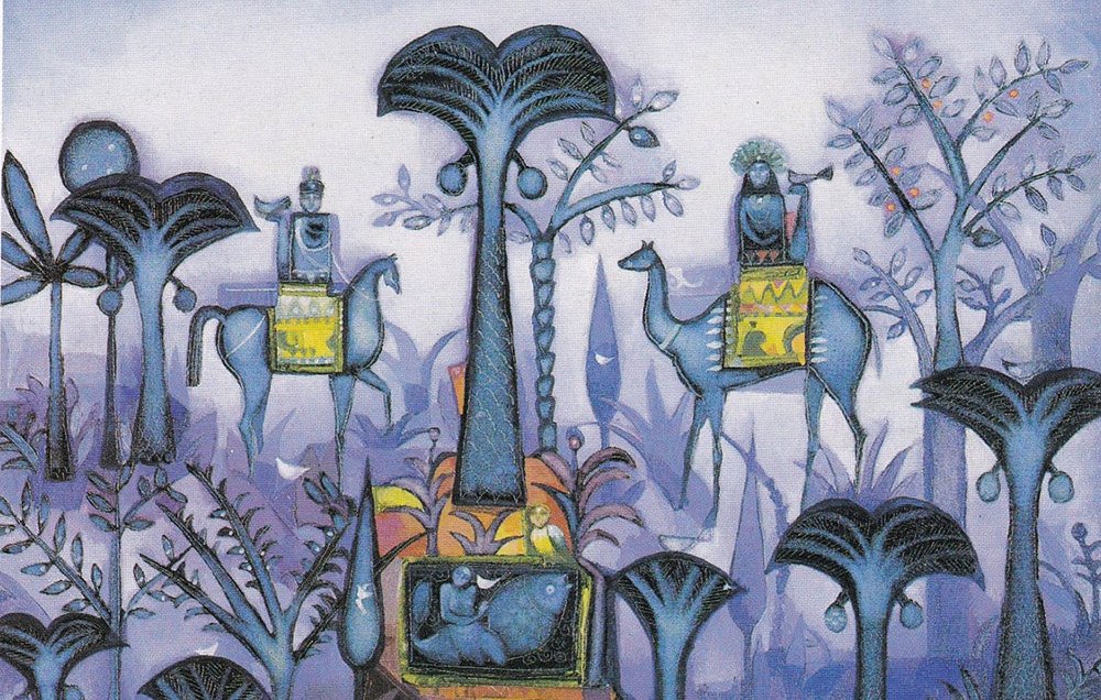 L'image présente un paysage stylisé et coloré, où l'on voit des palm trees vertigineux et des silhouettes humaines montées sur des chevaux et des chameaux. Les personnages portent des vêtements aux motifs géométriques. L'arrière-plan est en nuances de bleu et de lilas, créant une atmosphère onirique. La composition est harmonieuse, avec une impression de mystère et de sérénité, mettant en avant la relation entre l'humain et la nature.