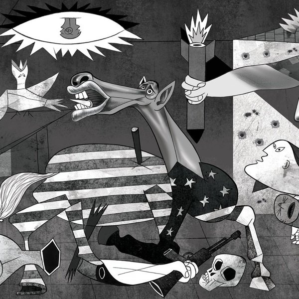 Cette image évoque des thèmes de guerre et de souffrance, probablement inspirée par des événements tragiques. On y voit des figures stylisées et abstraites, représentant des émotions intenses comme la douleur et la peur. Les animaux, comme un cheval et un taureau, sont présentés de manière dramatique, tandis que des formes humaines expriment des expressions marquées. La palette de couleurs en noir, blanc et gris accentue le caractère sombre de l'œuvre. L'ensemble crée une atmosphère oppressante, invitant à la réflexion sur les conséquences de la violence.