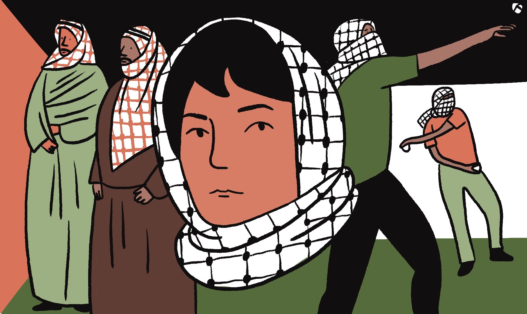 L'image montre une scène stylisée avec plusieurs personnages. Au centre, il y a un visage qui semble réfléchir, entouré d'un foulard à motif typique. À gauche et à droite, des figures humaines sont représentées, certaines portant également des foulards. L'arrière-plan est coloré avec des blocs de couleur contrastés, créant une ambiance dynamique. Les personnages semblent engagés dans des actions diverses, ce qui peut évoquer des thèmes de résistance ou de lutte.