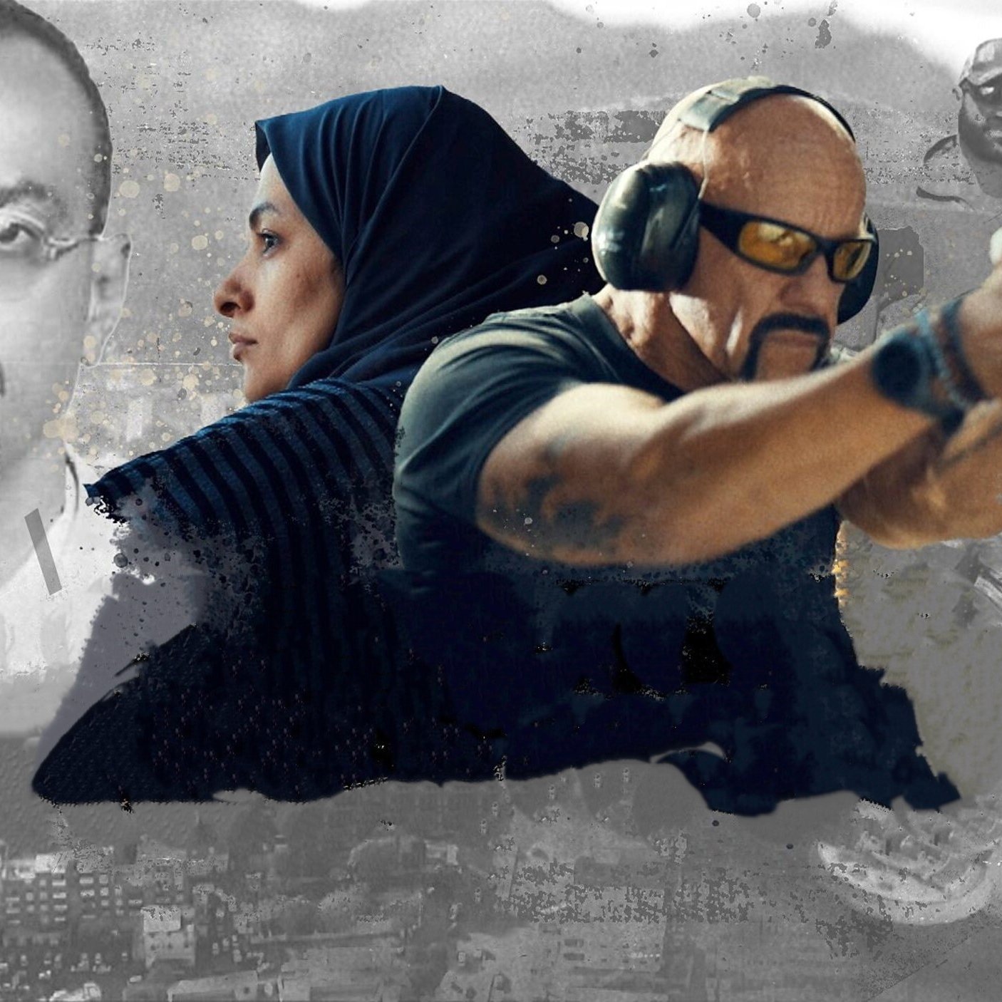 L'image montre une composition dynamique avec plusieurs éléments distincts. Au premier plan, on peut voir un homme musclé portant des lunettes et des oreillettes, tenant une arme, donnant une impression de tension ou d'action. À l'arrière-plan, il y a une femme portant un hijab, entourée de textures et d'éléments flous qui semblent évoquer une atmosphère urbaine ou de conflit. De plus, des visages ou des figures en noir et blanc, ainsi que des scènes en arrière-plan, ajoutent une dimension dramatique à l'ensemble, suggérant un contexte de thriller ou d'action. Les couleurs sont plutôt sombres, ce qui accentue l'intensité de l'image.