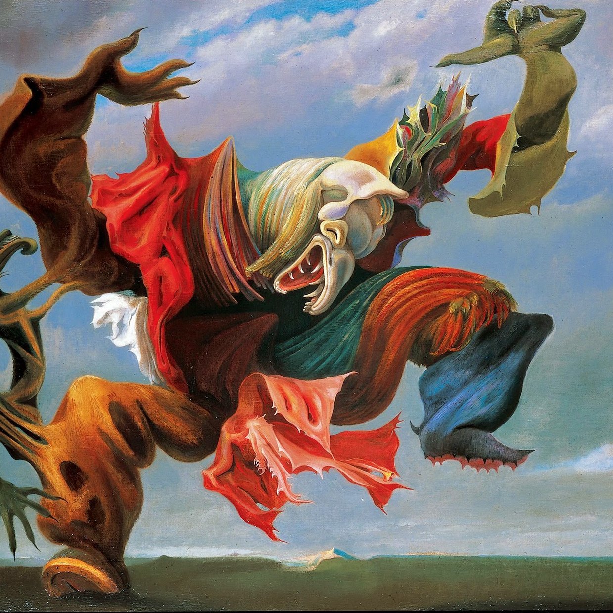 L'image représente une œuvre surréaliste, où des formes humaines et animalières sont fusionnées dans un mouvement dynamique. La figure centrale, avec des couleurs vives et des drapés fluides, semble incarner une émotion intense, peut-être de la colère ou de la passion. Les éléments grotesques et déformés ajoutent une dimension d'étrangeté à la scène, et le fond clair contraste avec la complexité des figures, créant un effet visuel captivant et déroutant.