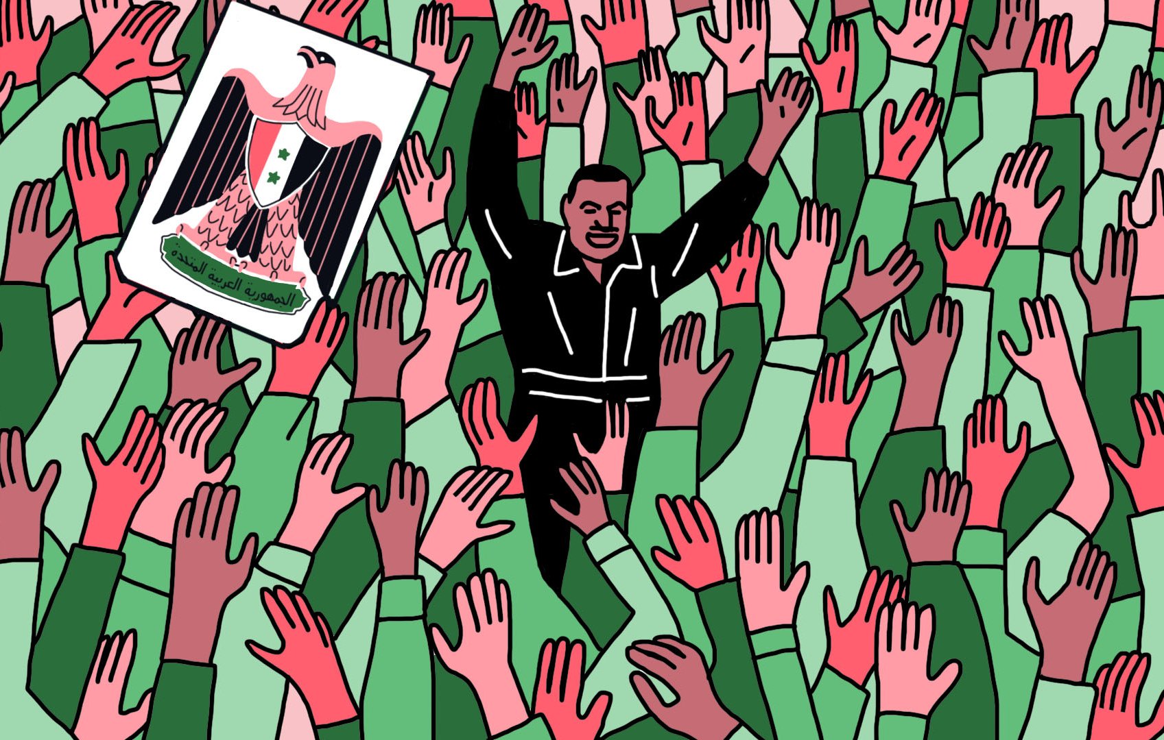 L'image montre une grande foule de mains levées, qui semblent exprimer une sorte d'enthousiasme ou d'approbation. Au centre, un homme en tenue noire est visible, se tenant debout parmi la foule. À sa gauche, il y a un drapeau portant un aigle, symbole souvent associé à des gouvernements ou mouvements nationalistes. L'ensemble de la scène donne une impression de rassemblement politique ou de manifestation, suggérant une atmosphère de soutien ou de célébration collective. Les couleurs vives, notamment le vert et le rouge, ajoutent une dimension dynamique à l'image.