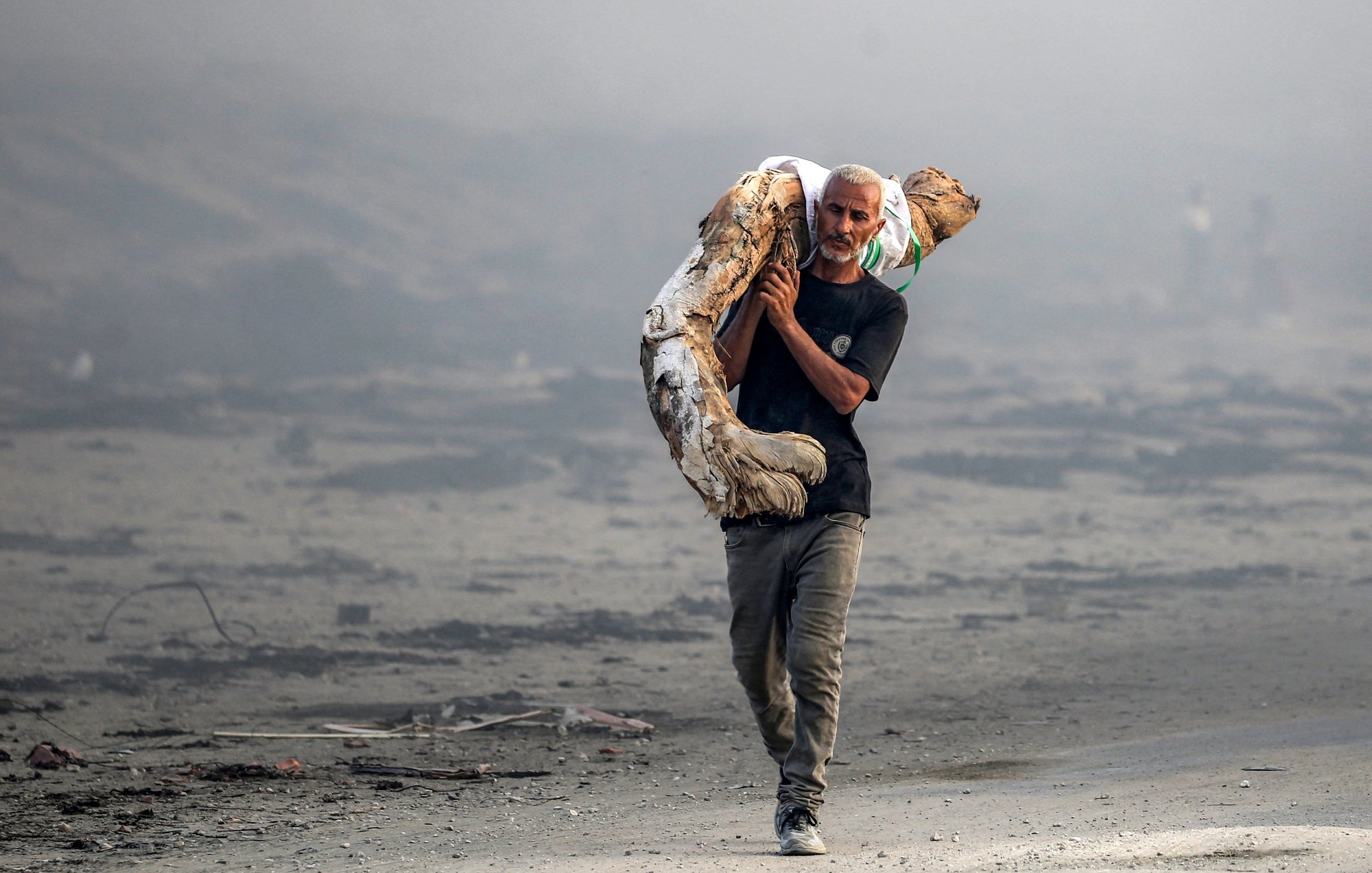 مردی با موهای خاکستری، جسدی را بر دوش خود حمل می‌کند، در پس‌زمینه‌ای غیرواضح.