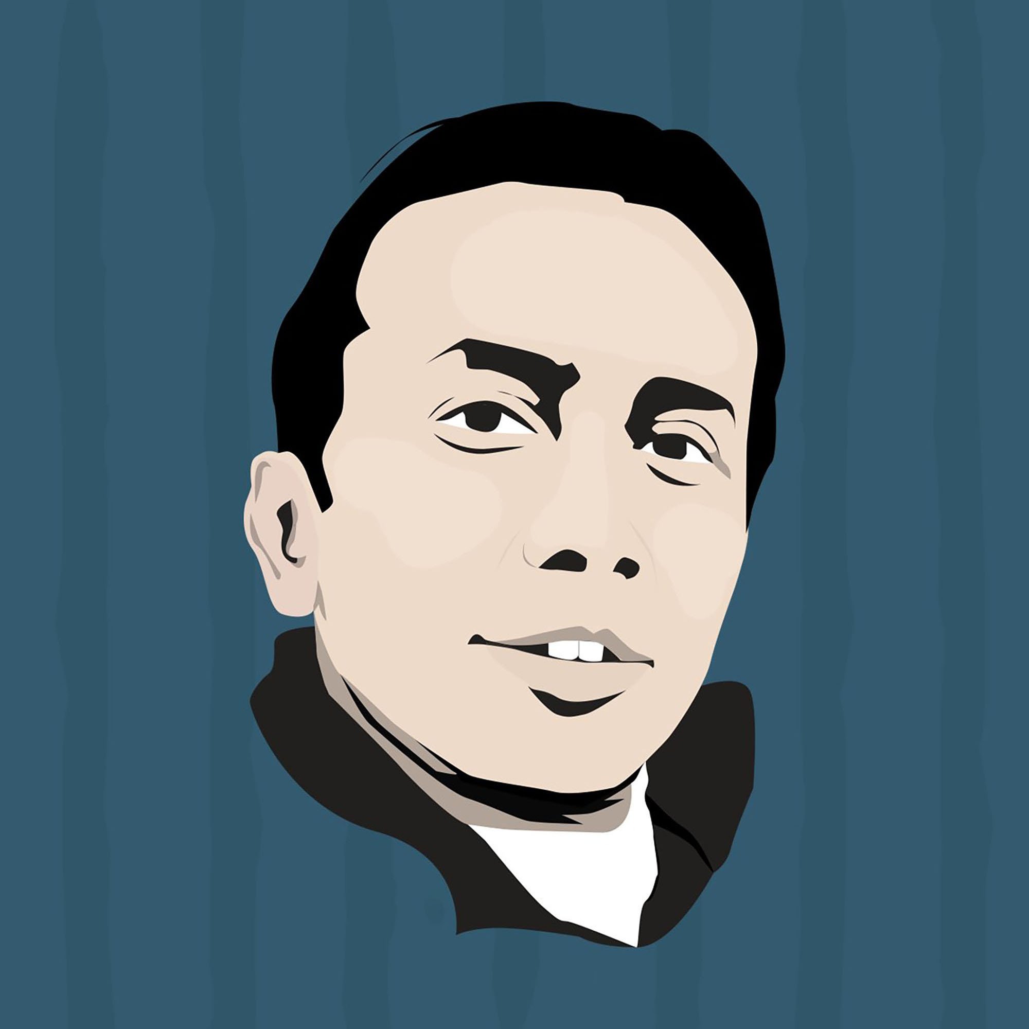 L'image représente un portrait stylisé d'un homme. Son visage est dessiné de manière simple et artistique, avec des traits marqués. Il a les cheveux noirs et une expression sereine. Le fond est de couleur bleue, avec des lignes verticales qui ajoutent de la texture à l'ensemble. L'image semble avoir été créée dans un style graphique moderne.