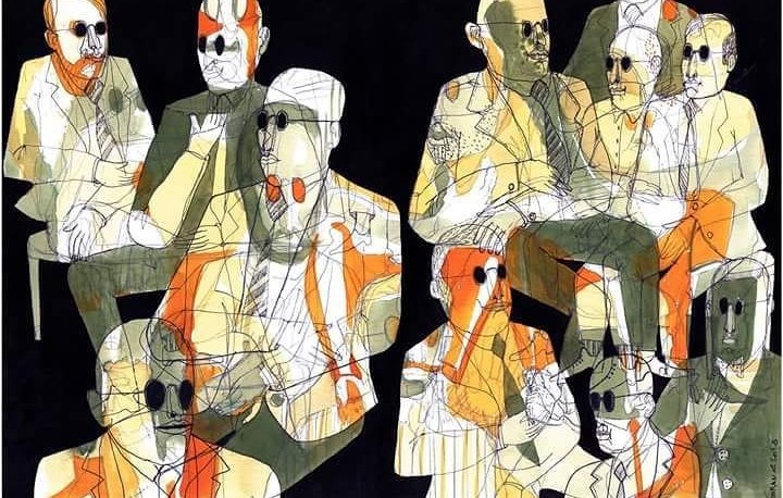 L'image présente une composition abstraite d'hommes assis, semblant discuter ou écouter. Les figures sont dépeintes dans des couleurs vives, principalement des nuances d'orange et de vert, sur un fond sombre. Les traits des visages sont stylisés, avec des lunettes de soleil sur plusieurs d'entre eux, ajoutant une dimension graphique intéressante. L'ensemble crée une atmosphère à la fois dynamique et intrigante, mêlant des éléments de réalisme et d'abstraction.