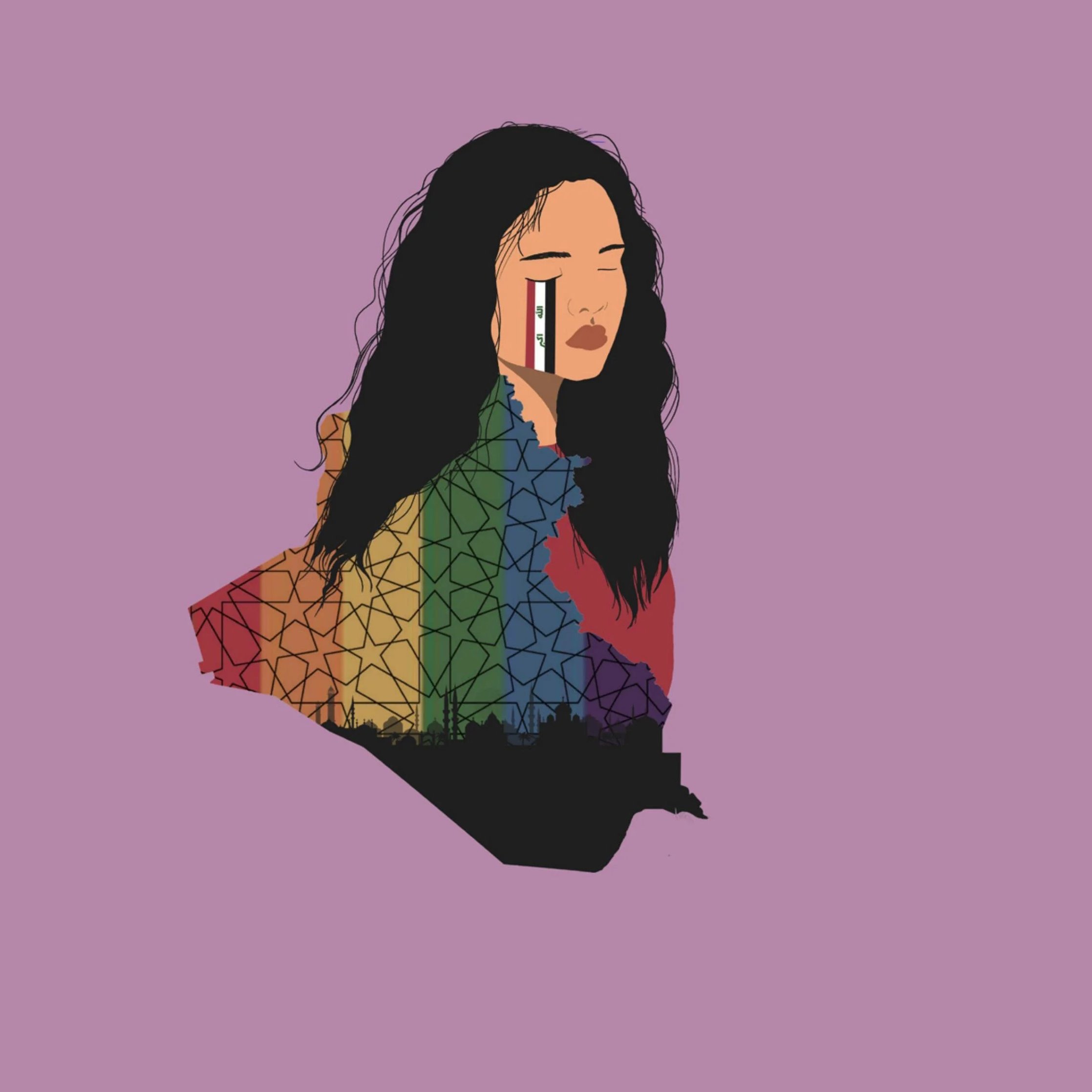 L'image montre une illustration d'une femme avec des cheveux longs et ondulés, sur un fond rose. Son visage exprime une certaine émotion, avec une larmichette qui descend le long de sa joue. Le corps de l'illustration est rempli de motifs colorés, incorporant les couleurs de l'arc-en-ciel, symbolisant la diversité, ainsi que des éléments géométriques. Ces aspects lui donnent une apparence à la fois contemporaine et inspirante.