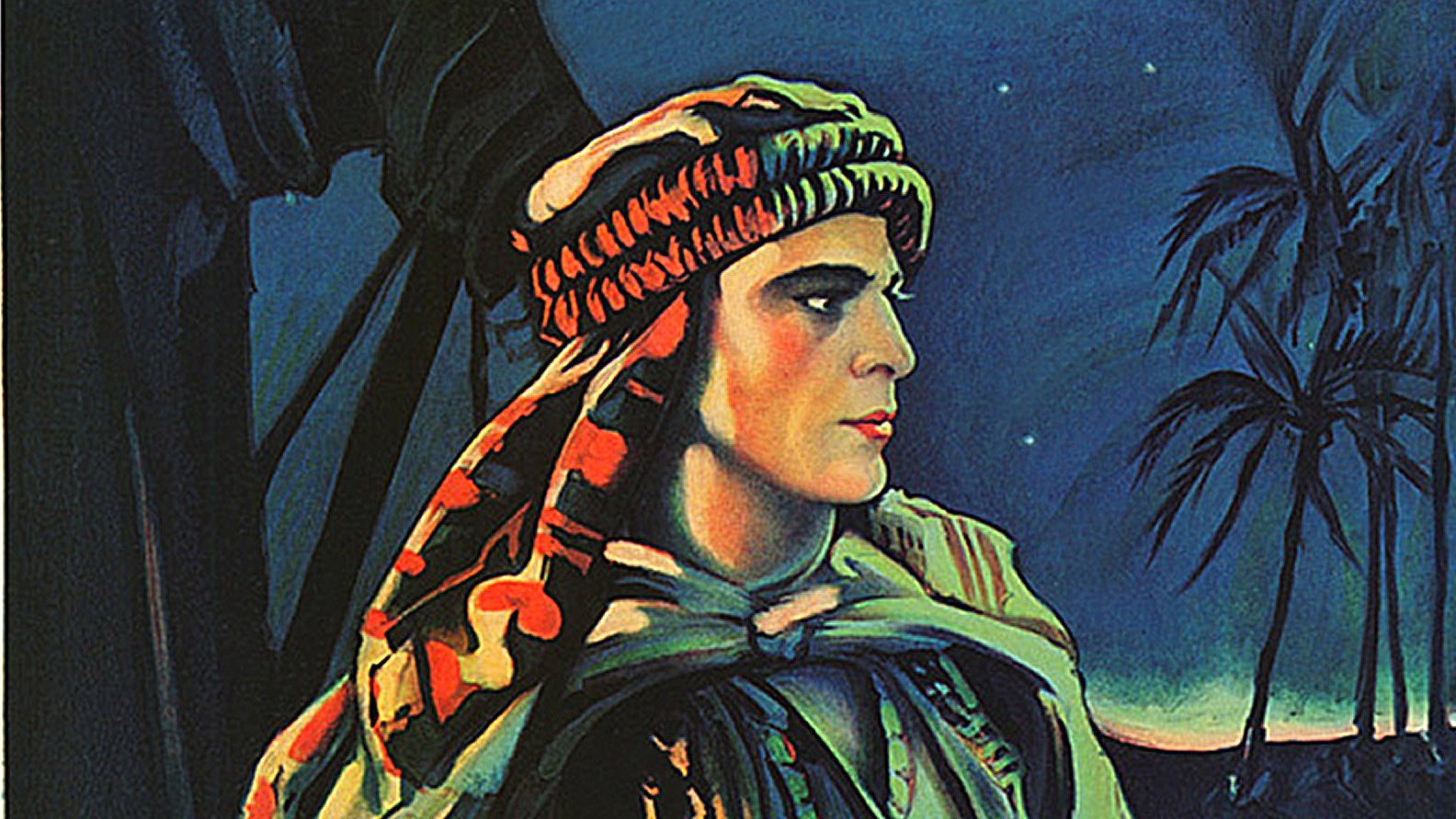 L'image représente une illustration d'un homme, probablement un personnage historique ou un acteur, vêtu d'un costume traditionnel qui semble faire référence à une époque ou une culture spécifique. Il porte une coiffe élaborée et son expression est pensive, regardant vers l'horizon. En arrière-plan, on aperçoit des palmiers et un ciel étoilé, ce qui crée une ambiance nocturne. Le nom "Rudolph Valentino" est inscrit en bas, indiquant qu'il pourrait s'agir de cet acteur emblématique. Les couleurs sont riches et vivent, contribuant à l'atmosphère mélancolique et dramatique de l'image.