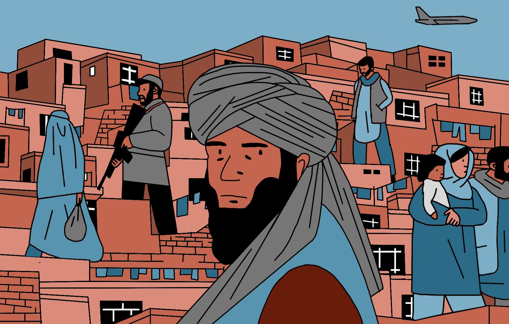 L'image présente une scène urbaine stylisée, probablement inspirée de l'architecture d'une ville. Au premier plan, un homme avec une barbe et un turban regarde fixement, tandis qu'en arrière-plan, plusieurs figures, y compris des hommes et des femmes, interagissent dans un paysage de bâtiments en briques aux couleurs chaudes. On aperçoit également un avion dans le ciel, ce qui suggère une connexion avec le monde extérieur. L'ensemble de l'illustration évoque une atmosphère à la fois dynamique et contemplative.