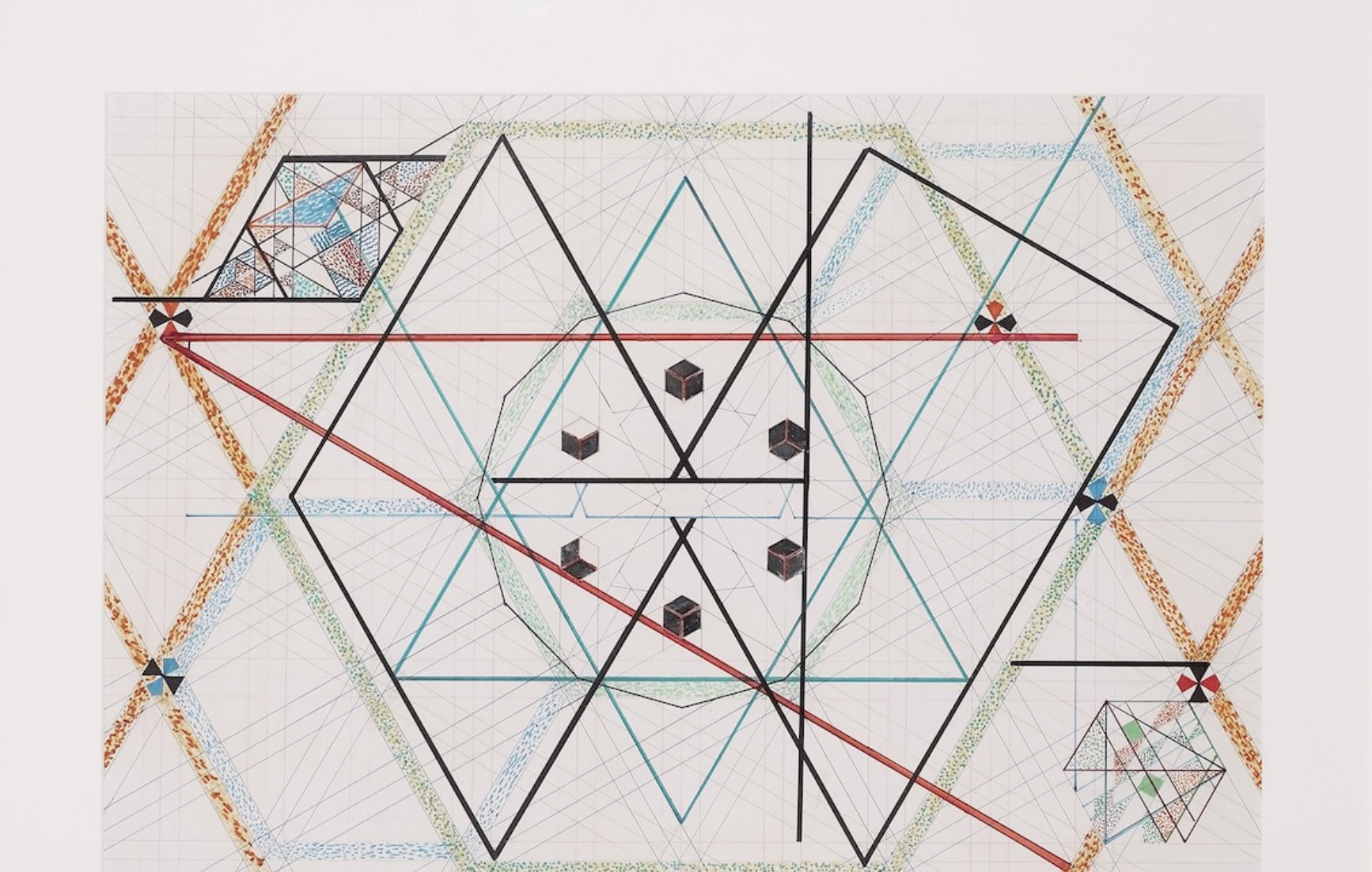 این تصویر شامل یک طرح هندسی پیچیده است که در آن اشکال مختلف هندسی مانند مثلث، مربع و دایره به کار رفته است. در مرکز تصویر، یک شش ضلعی بزرگ وجود دارد که با خطوط مشکی و رنگی احاطه شده است. همچنین درون این شش ضلعی، چندین شکل هندسی کوچک‌تر و طراحی های خطی زیبا به چشم می‌خورد. رنگ‌های مختلفی مانند آبی، قرمز و سبز به تصویر زندگی بخشیده و حس عمق و پیچیدگی را القا می‌کند. ترکیب این اشکال و خطوط، حسی از هماهنگی و تعادل را به بیننده منتقل می‌کند.