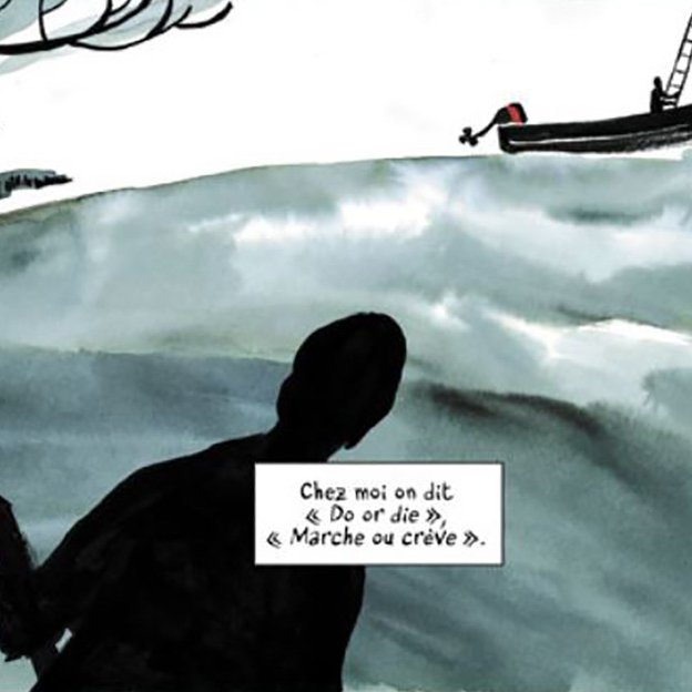 L'image présente une scène avec des silhouettes sombres contre un fond de vagues. On peut voir un personnage armé au premier plan, observant une embarcation à l'arrière-plan. Le texte en bas évoque des expressions qui semblent faire référence à des choix difficiles ou à des défis. L'ensemble transmet une ambiance de tension et de détermination.