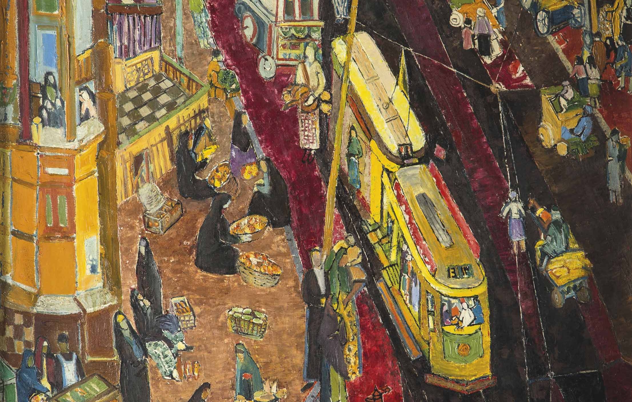 L'image représente une scène animée d'une rue urbaine, vue d'en haut. On y voit des personnes occupées à diverses activités, comme vendre des marchandises sur des chariots. Des tramways circulent et des bâtiments colorés encadrent la rue. Les gens semblent porter des vêtements traditionnels ou sombres. L'artiste utilise des couleurs vives et des formes stylisées, créant une atmosphère dynamique et vivante, typique de la vie citadine.