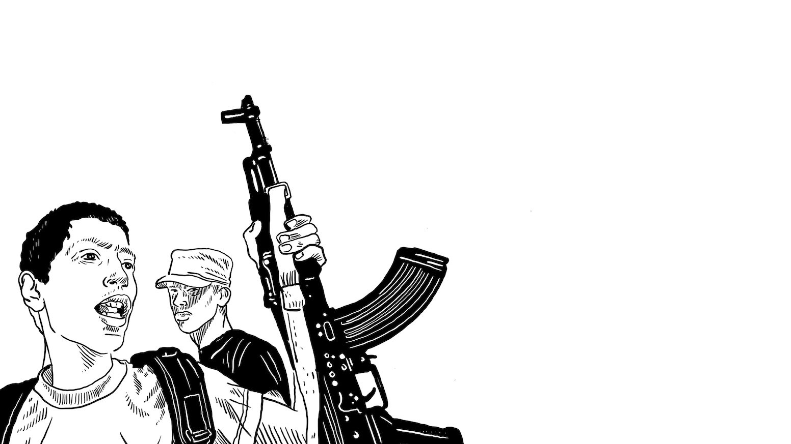 L'image montre des personnages dessinés en style graphique. L'un des personnages est en avant-plan, tenant un fusil d'assaut, tandis que l'autre se trouve à l'arrière. L'expression de leur visage semble intense, suggérant une situation de conflit ou de tension. L'arrière-plan est principalement blanc, ce qui met en avant les personnages et l'armement.