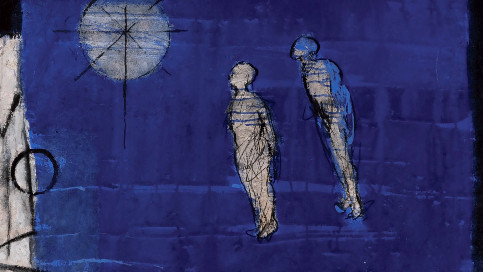 L'image présente un fond bleu profond sur lequel se détachent deux silhouettes humaines, légèrement esquissées. Ces personnages semblent observer une grande étoile ou un soleil qui brille, créant un contraste vibrant. Les silhouettes sont dessinées de manière stylisée, avec des lignes noirâtres qui ajoutent une dimension de mystère. En bas, on aperçoit des éléments textuels et graphiques, probablement des inscriptions ou des motifs qui enrichissent la composition. L'ensemble transmet une ambiance à la fois contemplative et poétique.